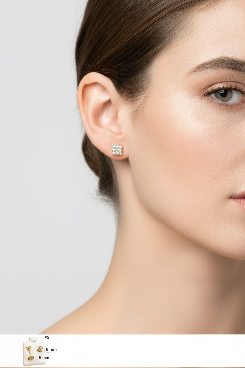 Aretes pequeños de oro 14K con diseño cuadrado y circonias brillantes de 6 mm, cierre mariposa, joyería fina para uso diario o regalo, TuOro.