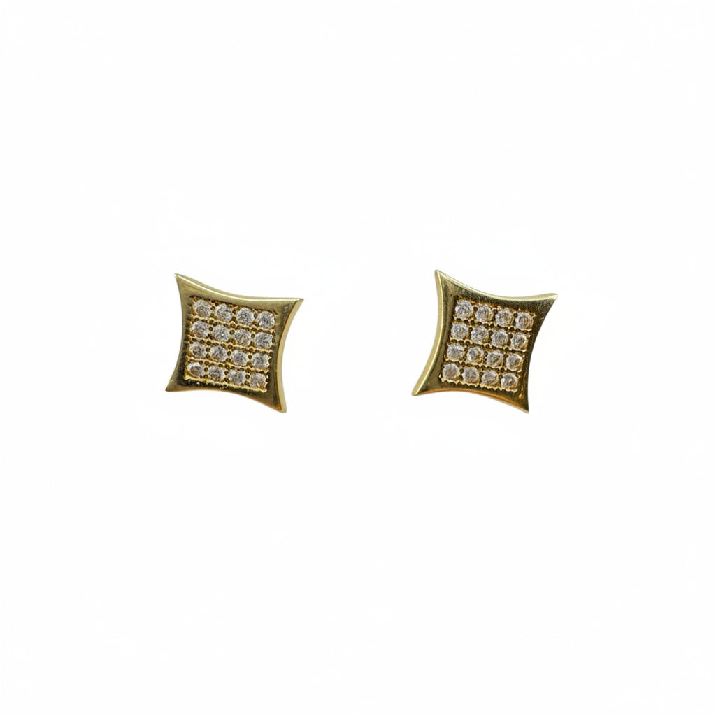 Aretes pequeños de oro 14K en forma de cuadro con incrustaciones de zirconias brillantes, medida 11 mm, joyería elegante para uso diario o regalo, TuOro.

