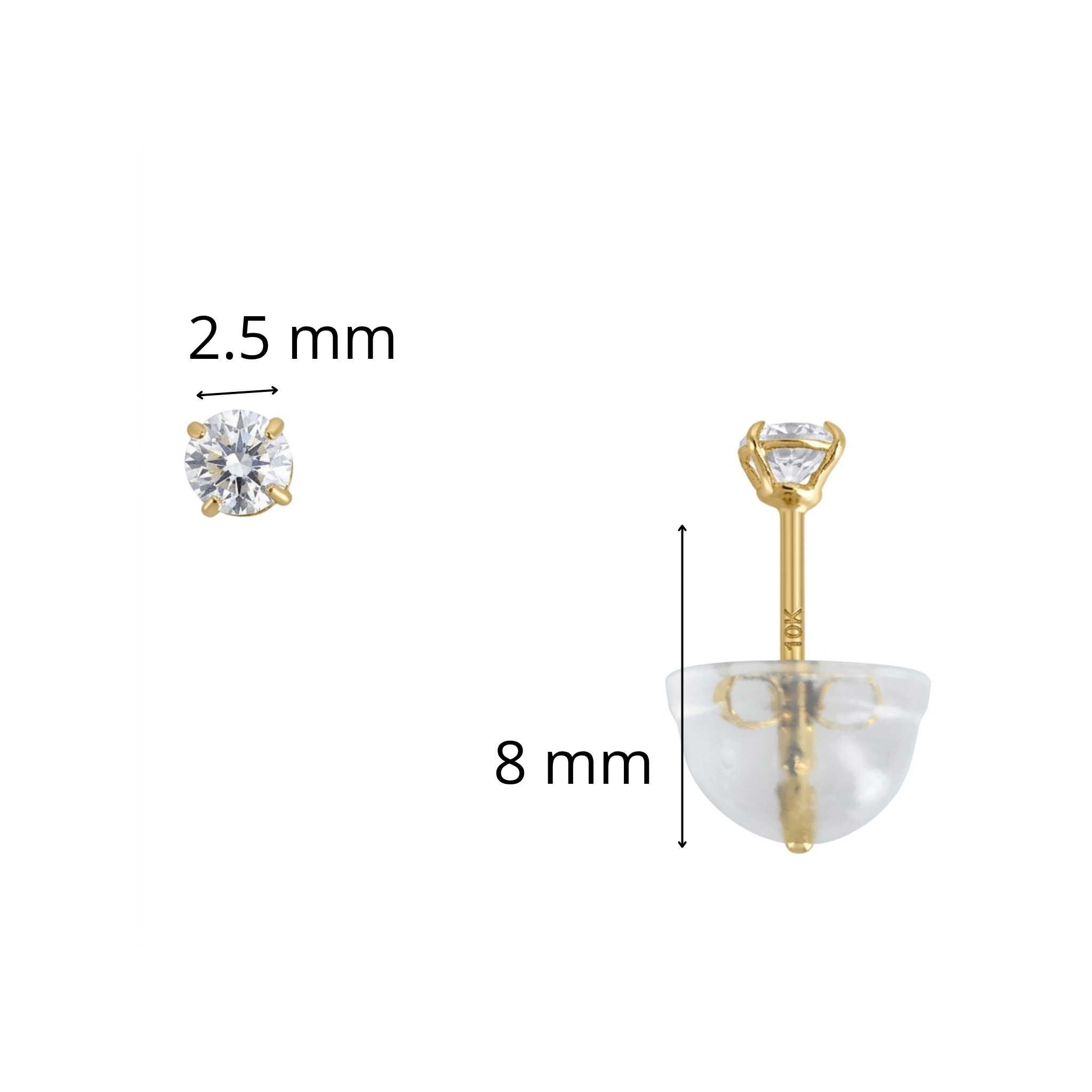Arete pequeño en oro 10K con cierre a presión y circonia redonda de 2.5 mm, con medidas y perfil lateral.