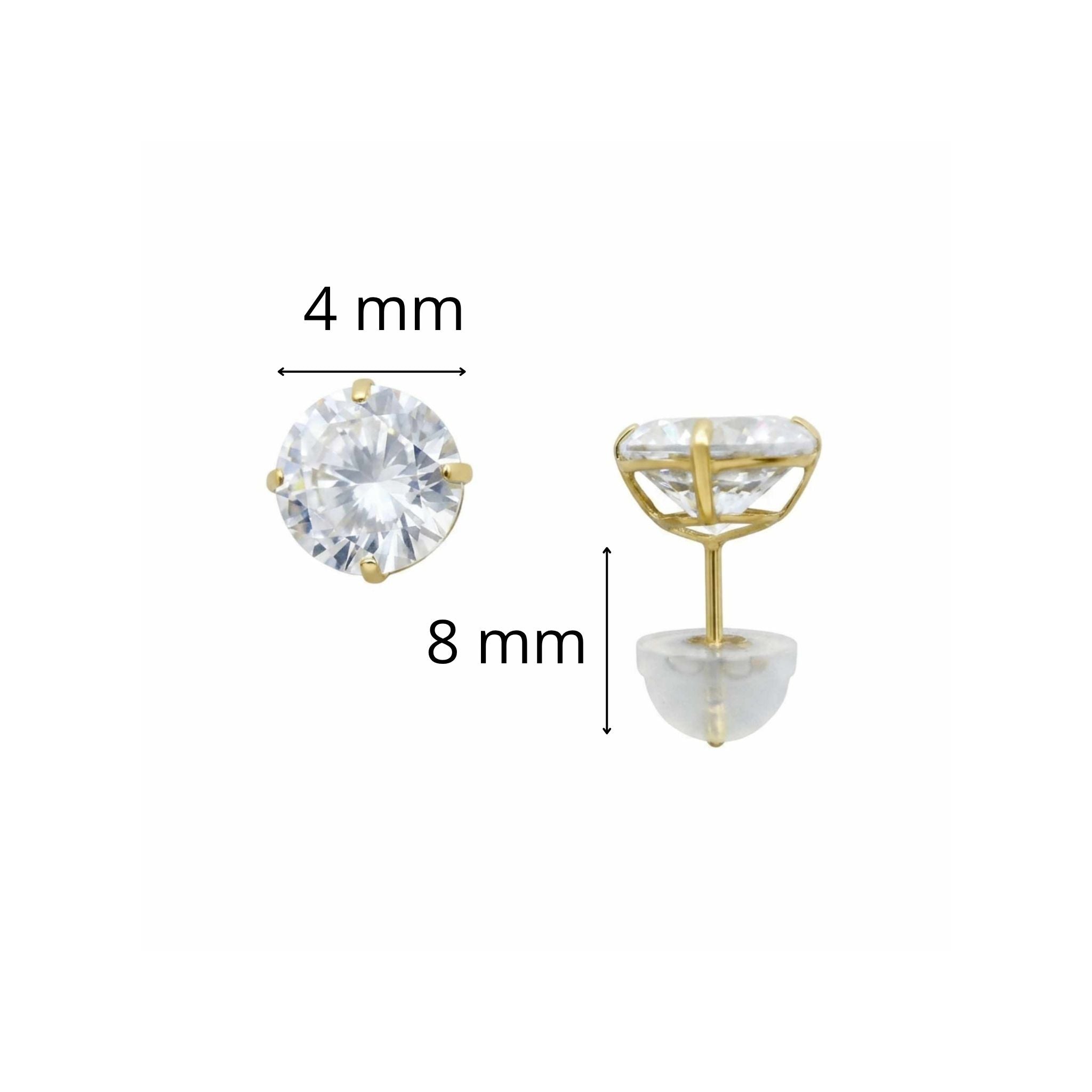 Arete pequeño en oro 10K con cierre a presión y circonia redonda de 4 mm, con medidas y vista lateral.