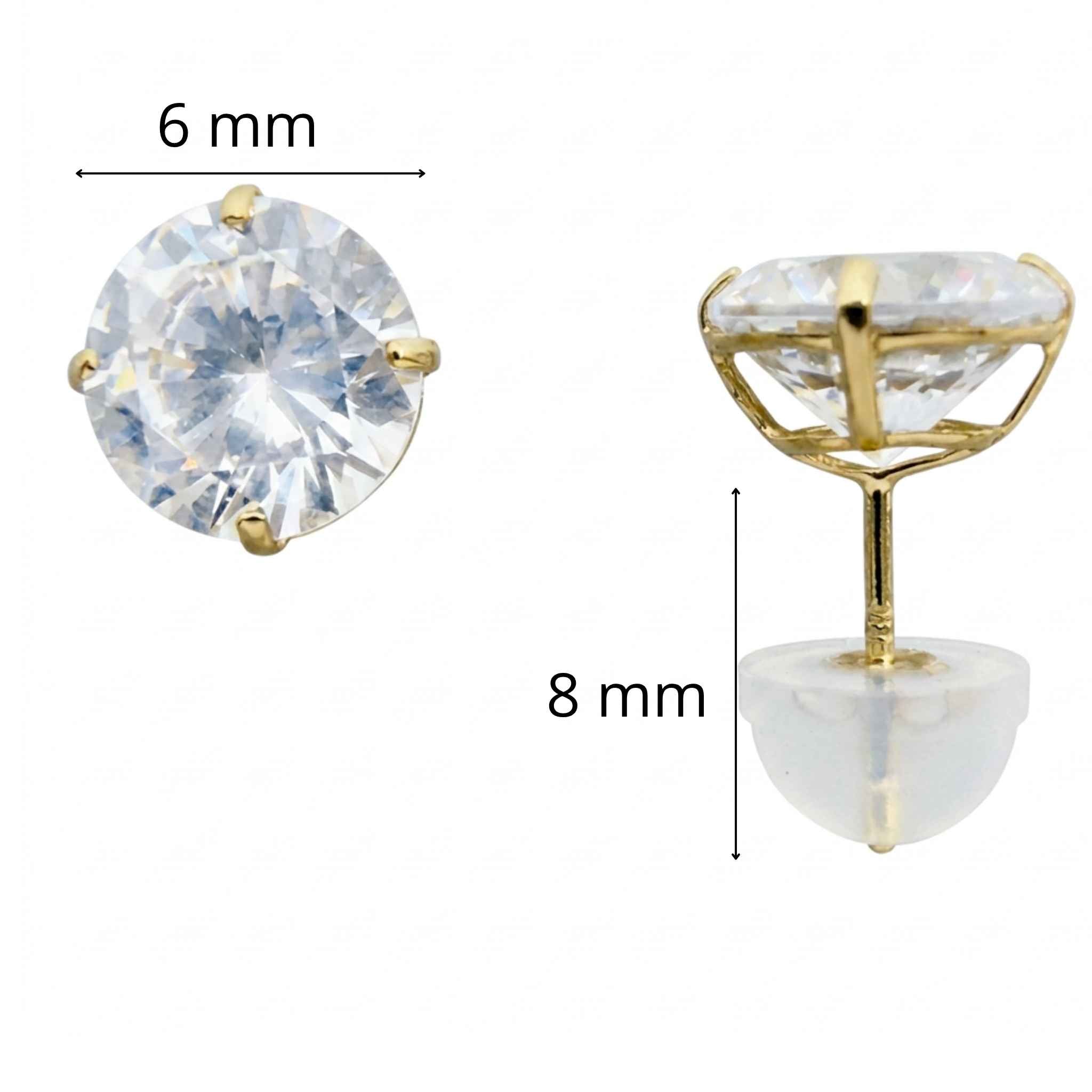 Arete pequeño en oro 10K con cierre a presión y circonia redonda de 6 mm, con vista lateral y poste de 8 mm.