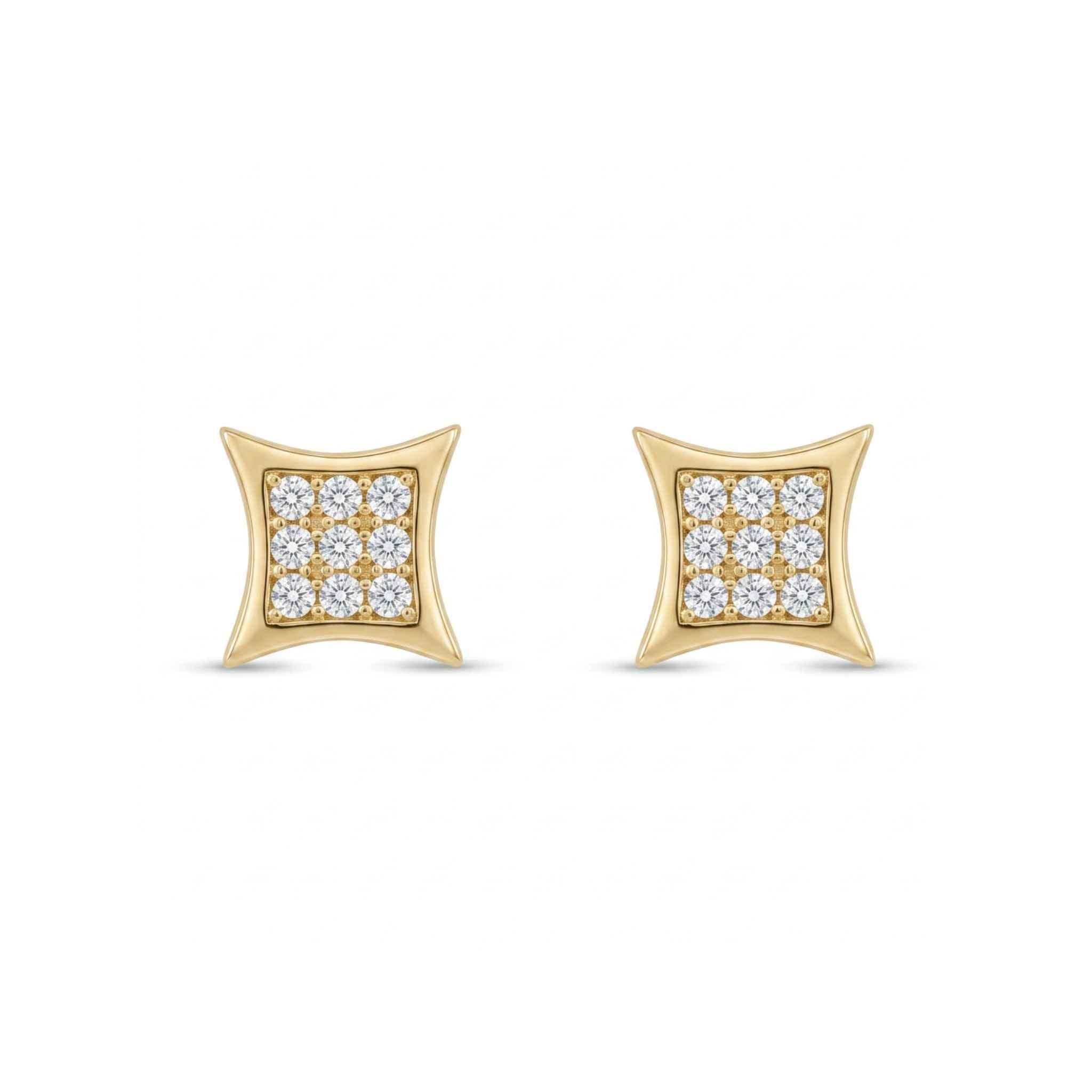 Par de aretes pequeños en oro 10K con cierre a presión, diseño cuadrado con circonias transparentes, vista frontal.