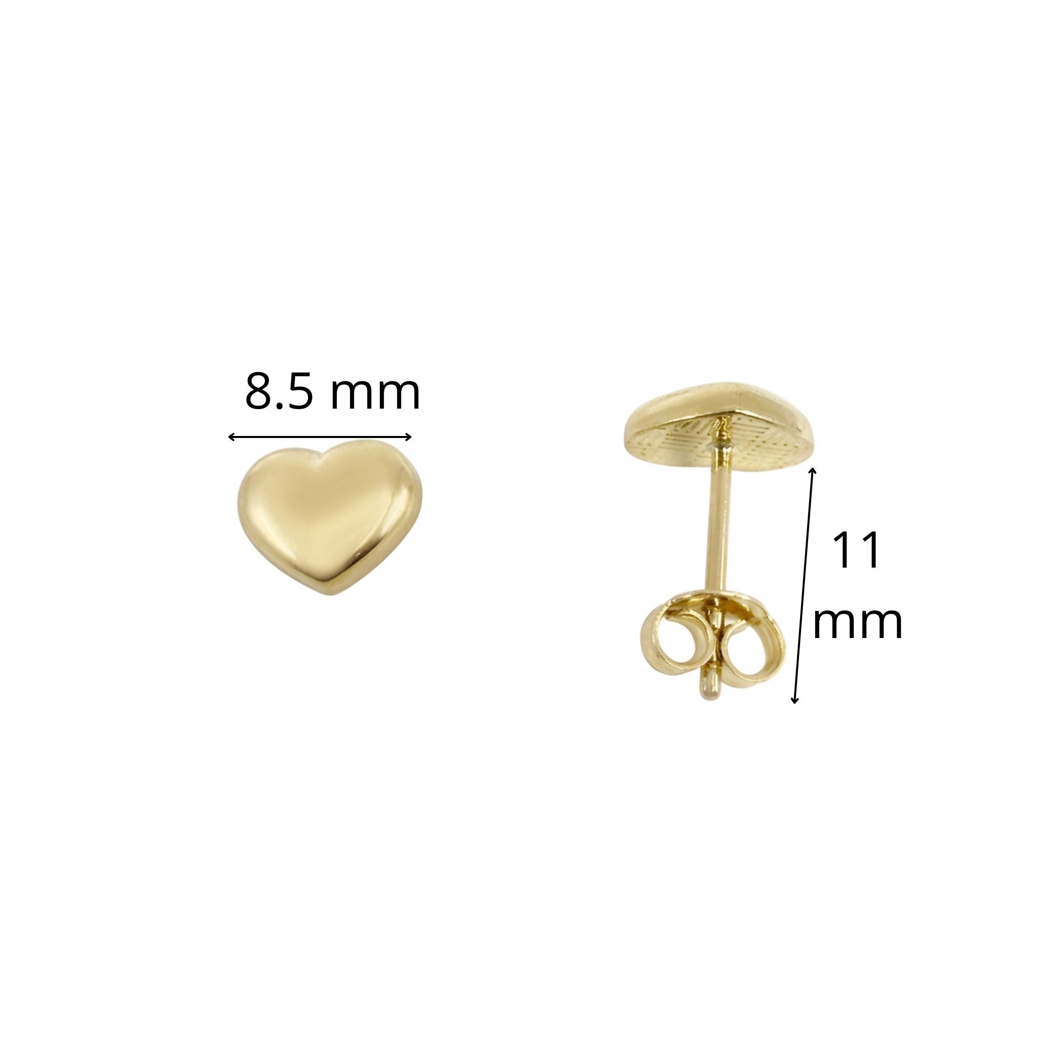 Aretes TuOro® de Oro 10K con corazón liso de 8.5 mm y cierre de mariposa, vista con medidas