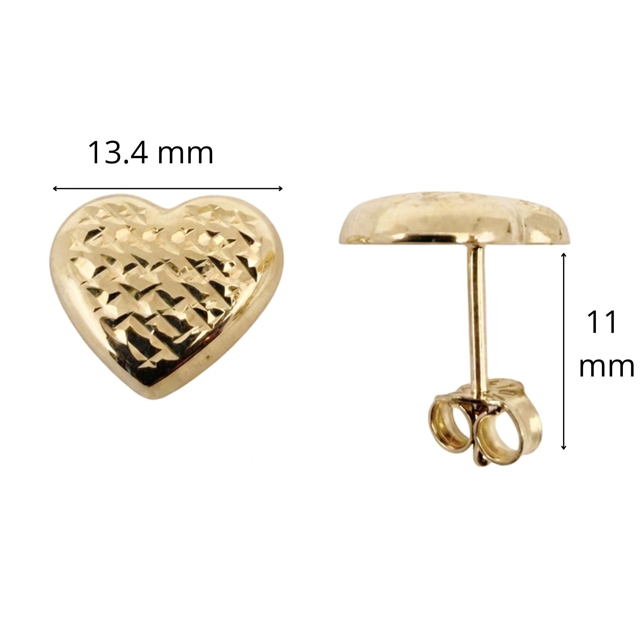 Aretes TuOro® de Oro 10K con corazón mediano diamantado de 13.4 mm y cierre de mariposa, vista con medidas