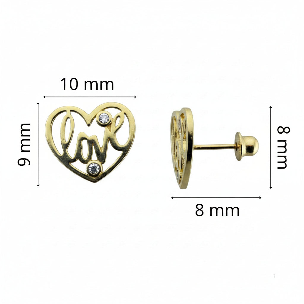 Aretes pequeños en Oro 10K con cierre de rosca, diseño corazón Love con piedras brillantes y medidas de 10 mm, 9 mm y poste de 8 mm.