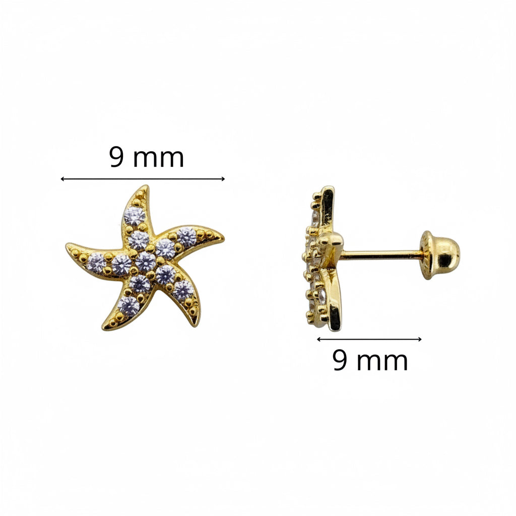 Aretes pequeños en Oro 10K con cierre de rosca, diseño estrella de mar con circonias y medidas aproximadas de 9 mm.
