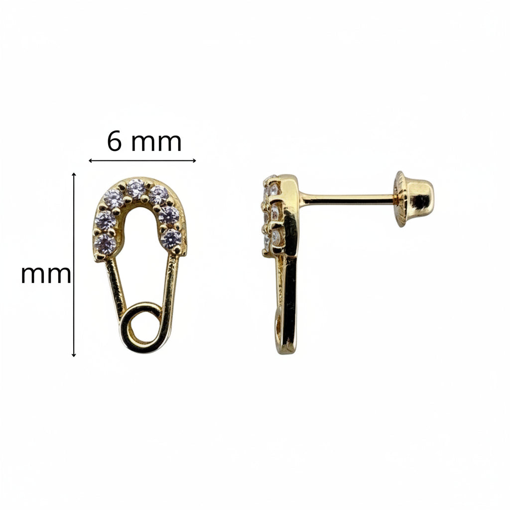 Aretes pequeños en Oro 10K con cierre de rosca, diseño imperdible con piedras brillantes y medidas de 6 mm por 10 mm.