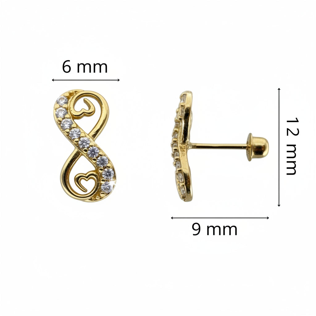 Aretes pequeños en Oro 10K con cierre de rosca, diseño infinito con corazones, circonias y medidas aproximadas de 6 mm por 12 mm.