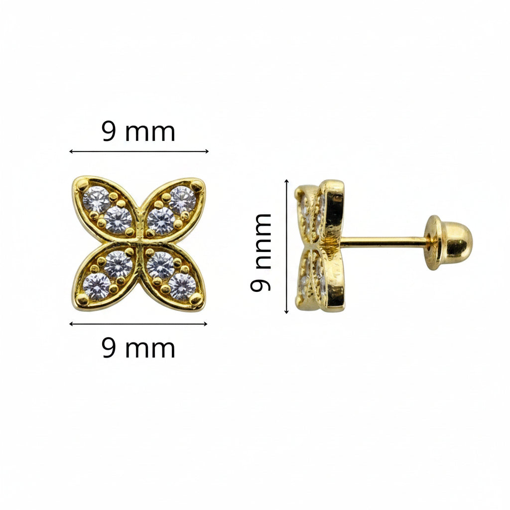 Aretes pequeños en Oro 10K con cierre de rosca, diseño mariposa con circonias y medidas aproximadas de 9 mm.