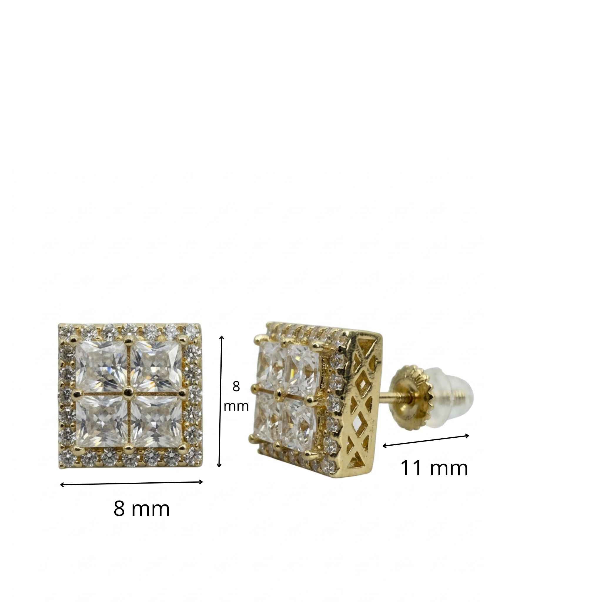 Aretes de Plata 925 dorada con cierre de rosca y circonias cuadradas de 8 mm mostrando medidas y detalle lateral del diseño, TuOro.
