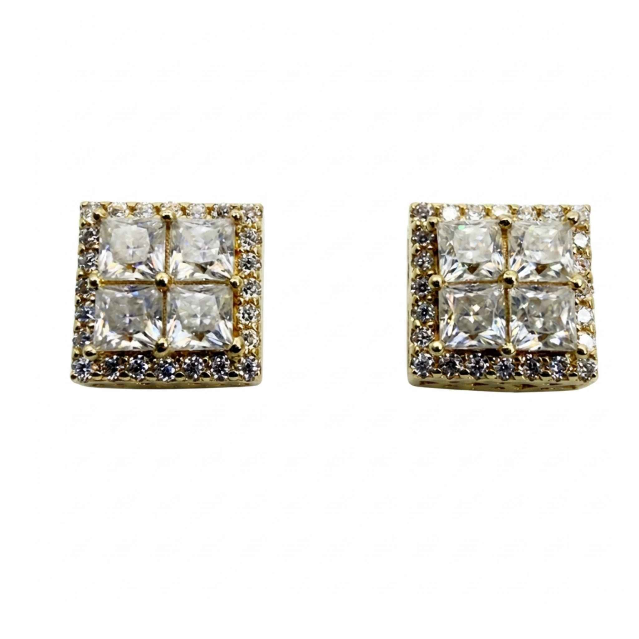 Aretes de Plata 925 dorada con cierre de rosca y circonias cuadradas de 8 mm, vista frontal sobre fondo blanco, TuOro