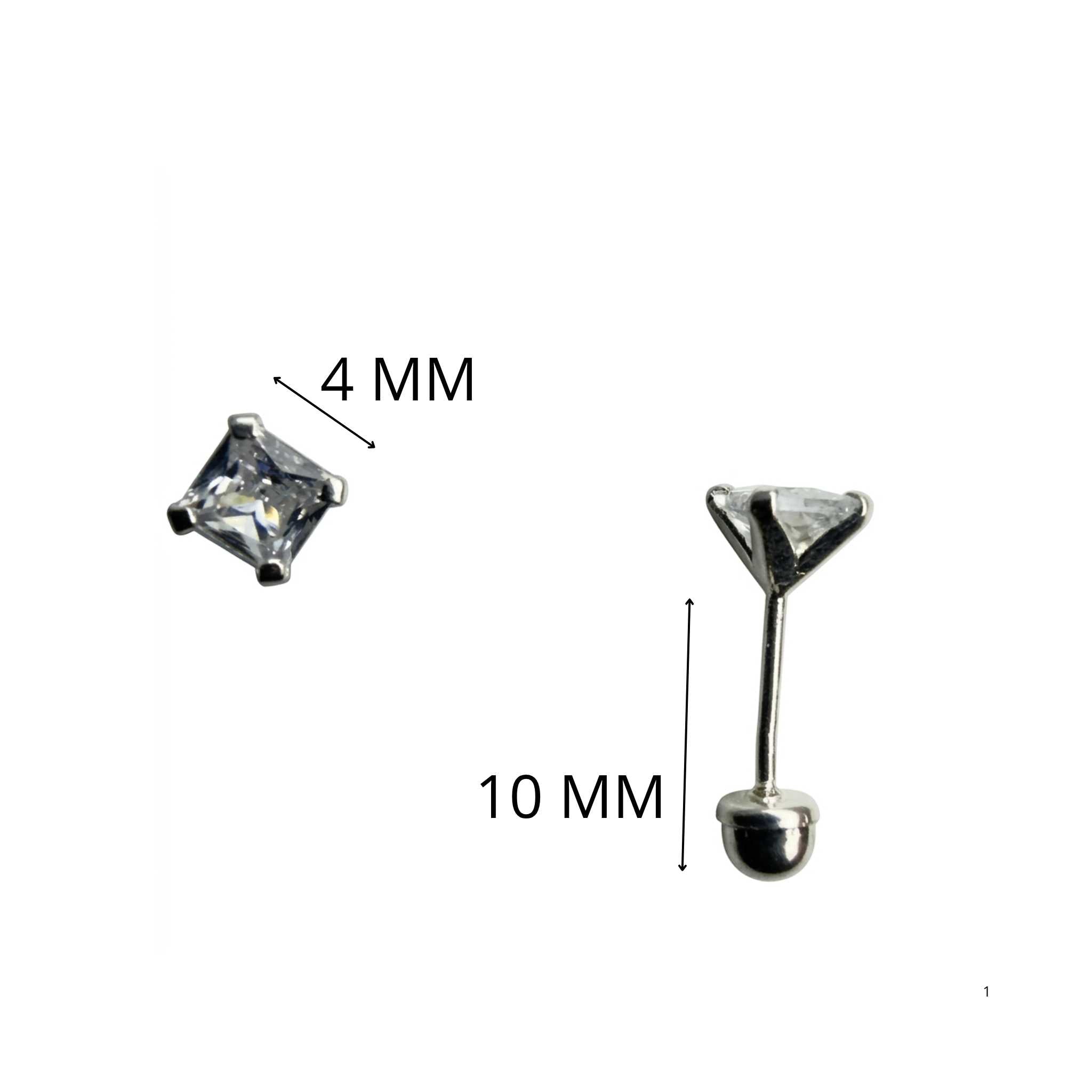 Arete de Plata 925 con circonia cuadrada de 4 mm y rosca de seguridad, vista frontal y lateral con medidas, TuOro.