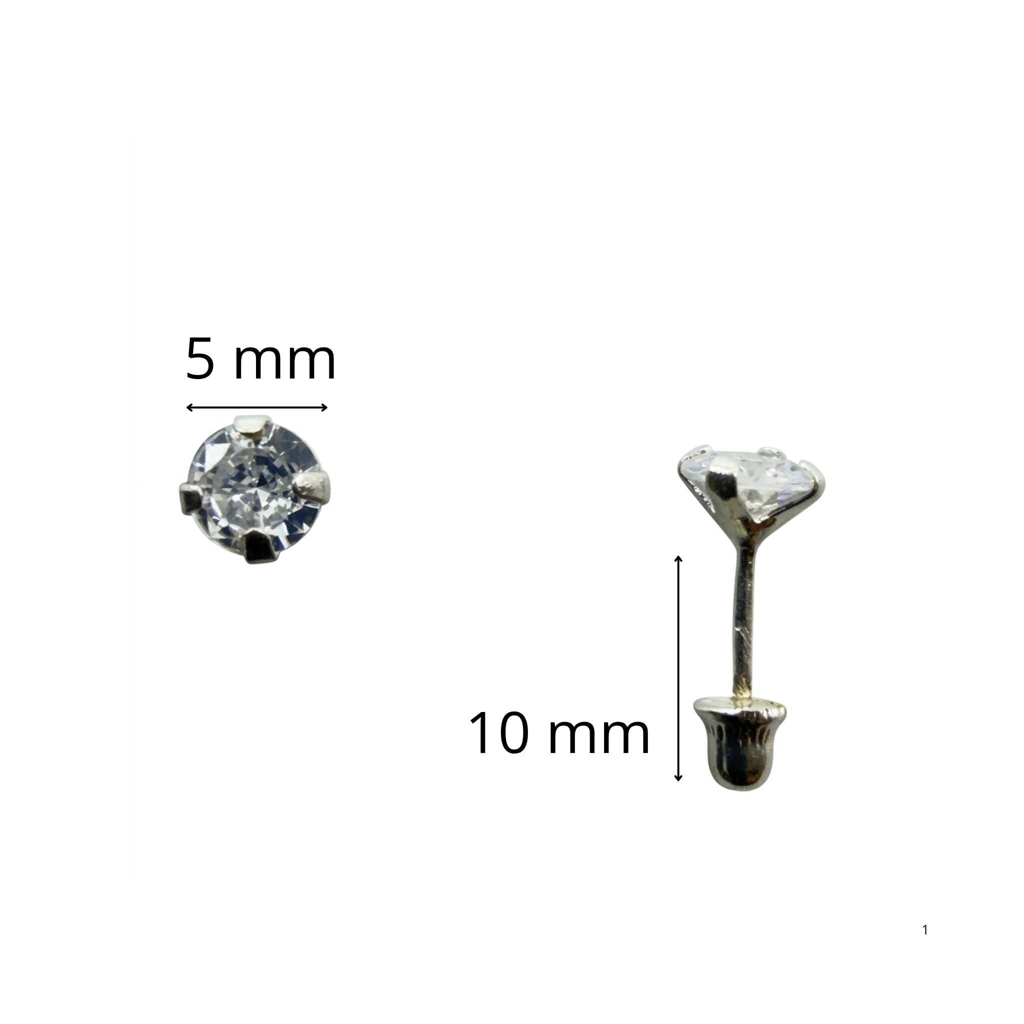 Arete de Plata 925 con circonia redonda de 5 mm y rosca de seguridad, vista frontal y lateral mostrando el sistema de cierre, TuOro.