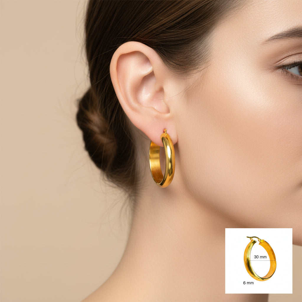  Argolla media caña tamaño grande en oro 14K, diseño brillante tipo espejo – 6 mm de grosor y 30 mm de diámetro, exclusiva de Joyería TuOro

