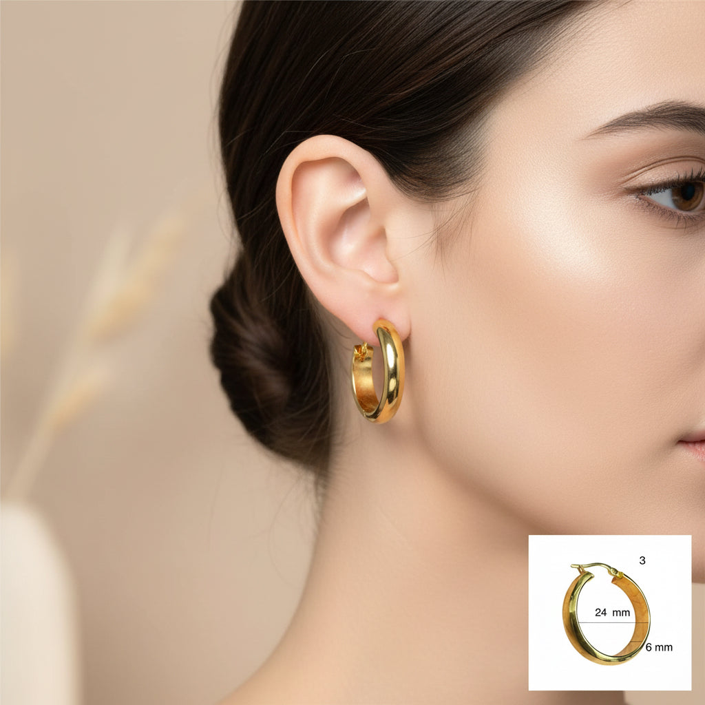 Argolla media caña tamaño mediano en oro 14K, diseño brillante tipo espejo – 6 mm de grosor y 24 mm de diámetro, exclusiva de Joyería TuOro

