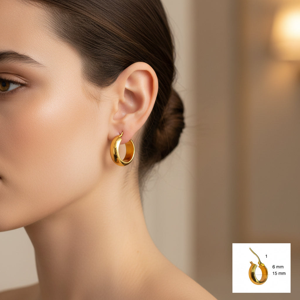 Argolla media caña tamaño mini en oro 14K con 6 mm de grosor y 15 mm de diámetro – diseño clásico brillante de Joyería TuOro

