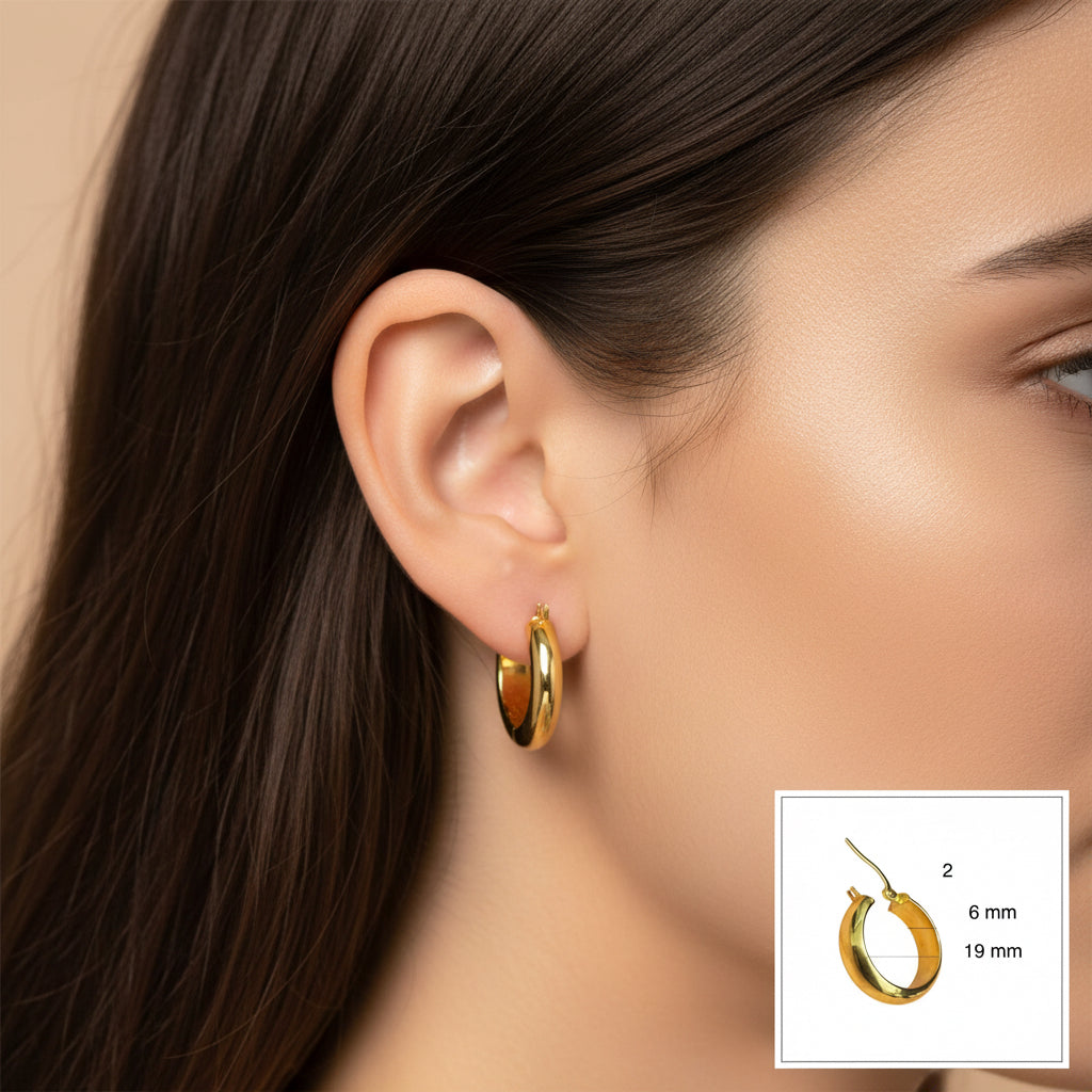 Argolla media caña tamaño pequeña en oro 14K con diseño clásico y brillante – 6 mm de grosor y 19 mm de diámetro, disponible en Joyería TuOro

