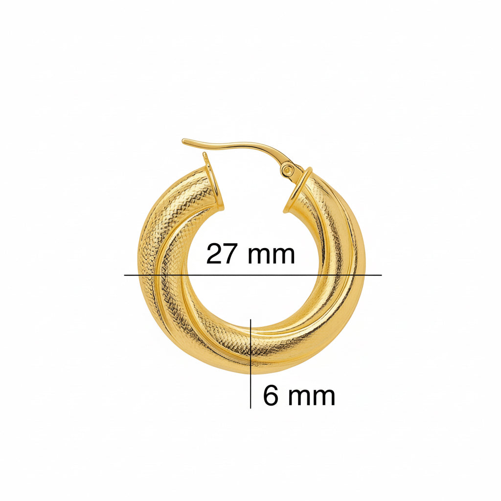 Argolla torcida satinada en oro 14K, 6 mm de grosor y 27 mm de diámetro, tamaño mediana

