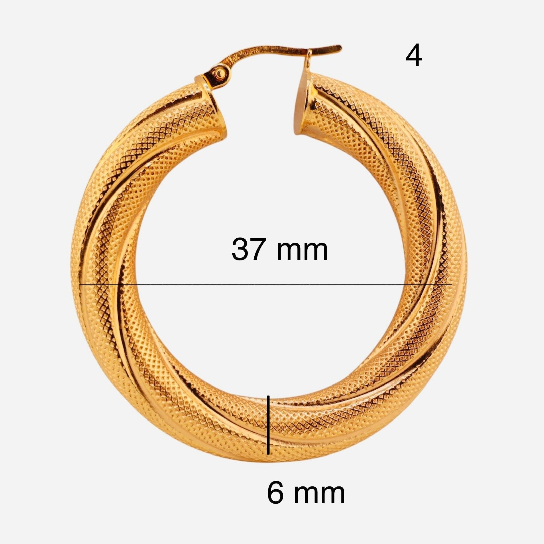 Argolla torcida satinada de oro 14K, 6 mm de grosor y 37 mm de diámetro, tamaño extra grande

