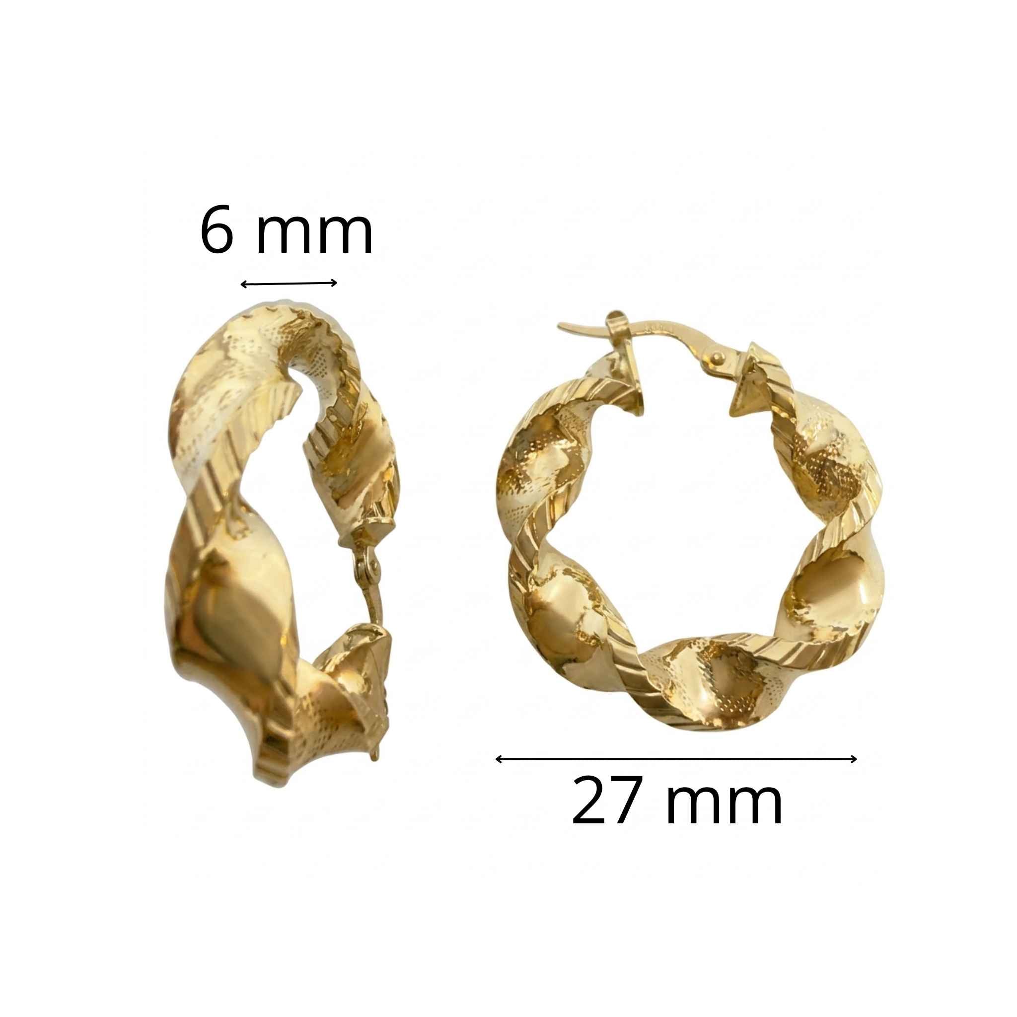 Argolla en espiral de Oro 10K de 27 mm y grosor de 6 mm, diseño ondulado con brillo pulido y textura diamantada.