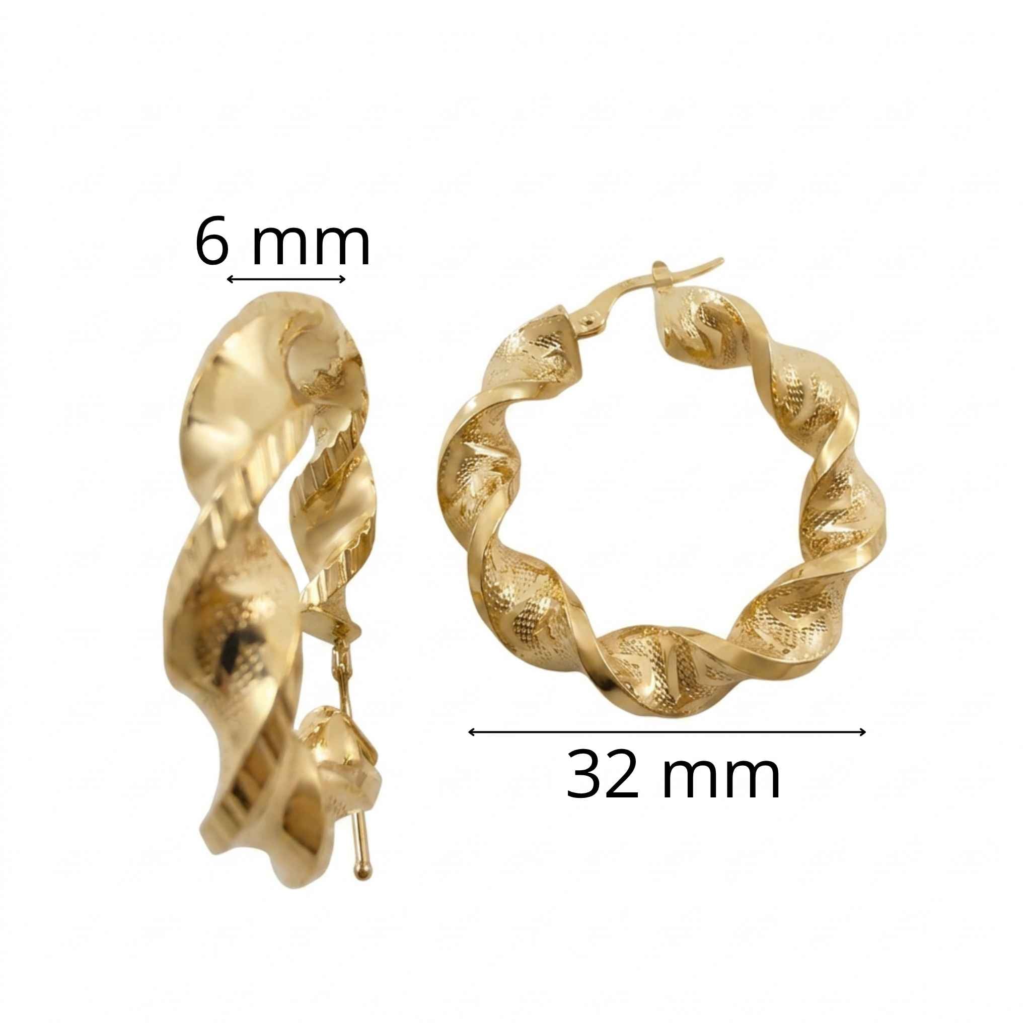 Argolla en espiral de Oro 10K de 32 mm y grosor de 6 mm, arete grande con diseño retorcido y acabado brillante TuOro.