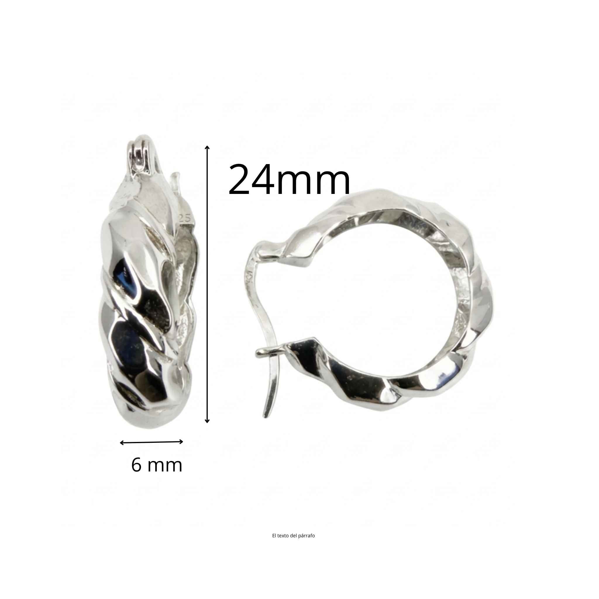 Argollas de Plata 925 con Rodio diseño torcido de 24 mm por 6 mm, detalle de medidas y cierre de ballesta de TuOro.