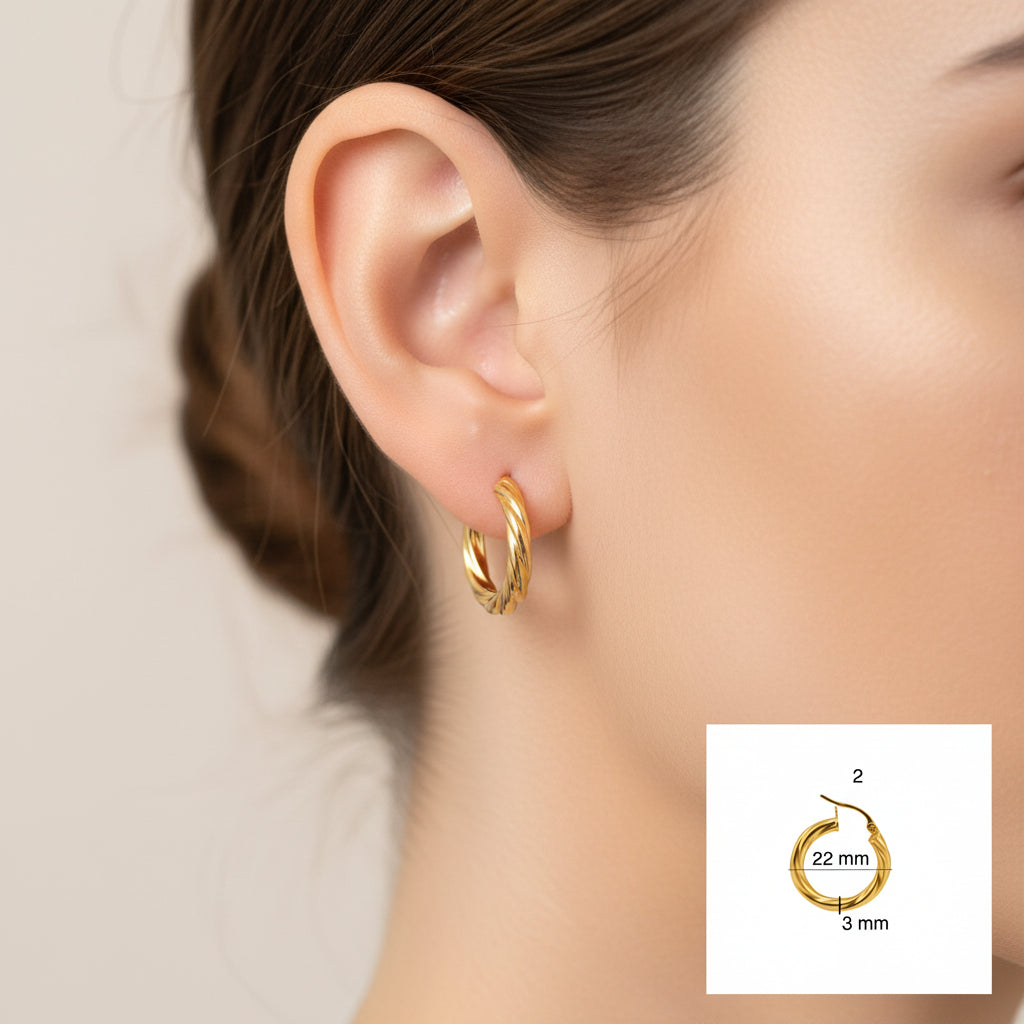Argollas torcidas lisas de oro 14K – 3 mm  medidaas 22 mm TuOro