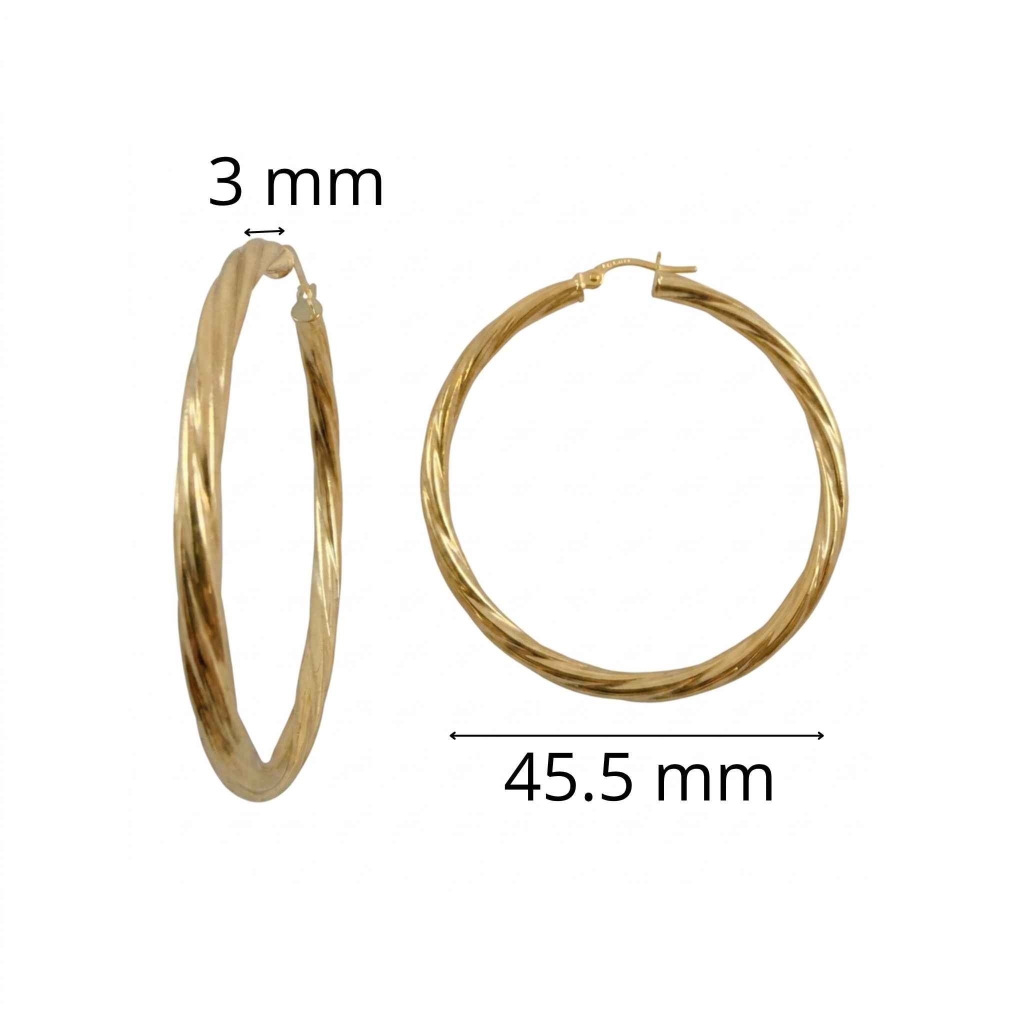 Argollas Torcidas Lisas en Oro 10K 3 mm de 45.5 mm, vista lateral y frontal de argollas grandes con cierre de bisagra.