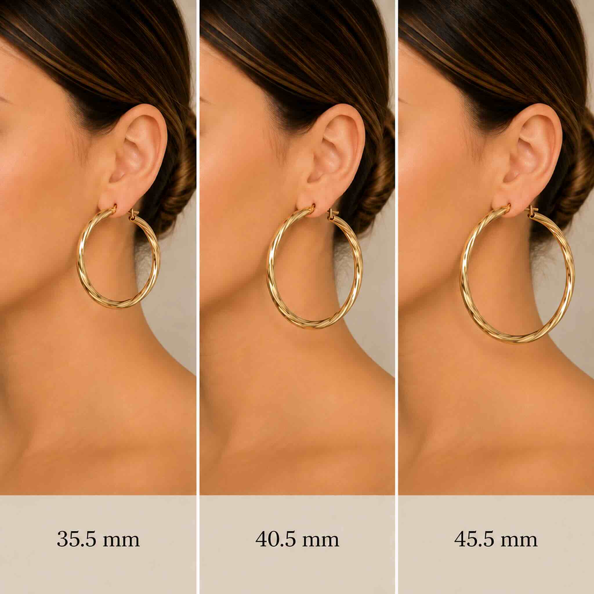 Collage de mujer joven usando Argollas Torcidas Lisas en Oro 10K 3 mm en tamaños 35.5 mm, 40.5 mm y 45.5 mm.