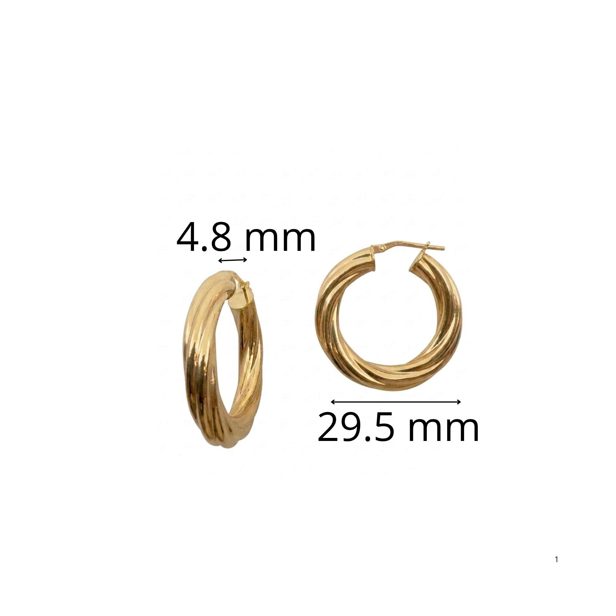 Argollas torcidas lisas en oro 10K de 4.8 mm de grosor y 29.5 mm de diámetro sobre fondo claro.