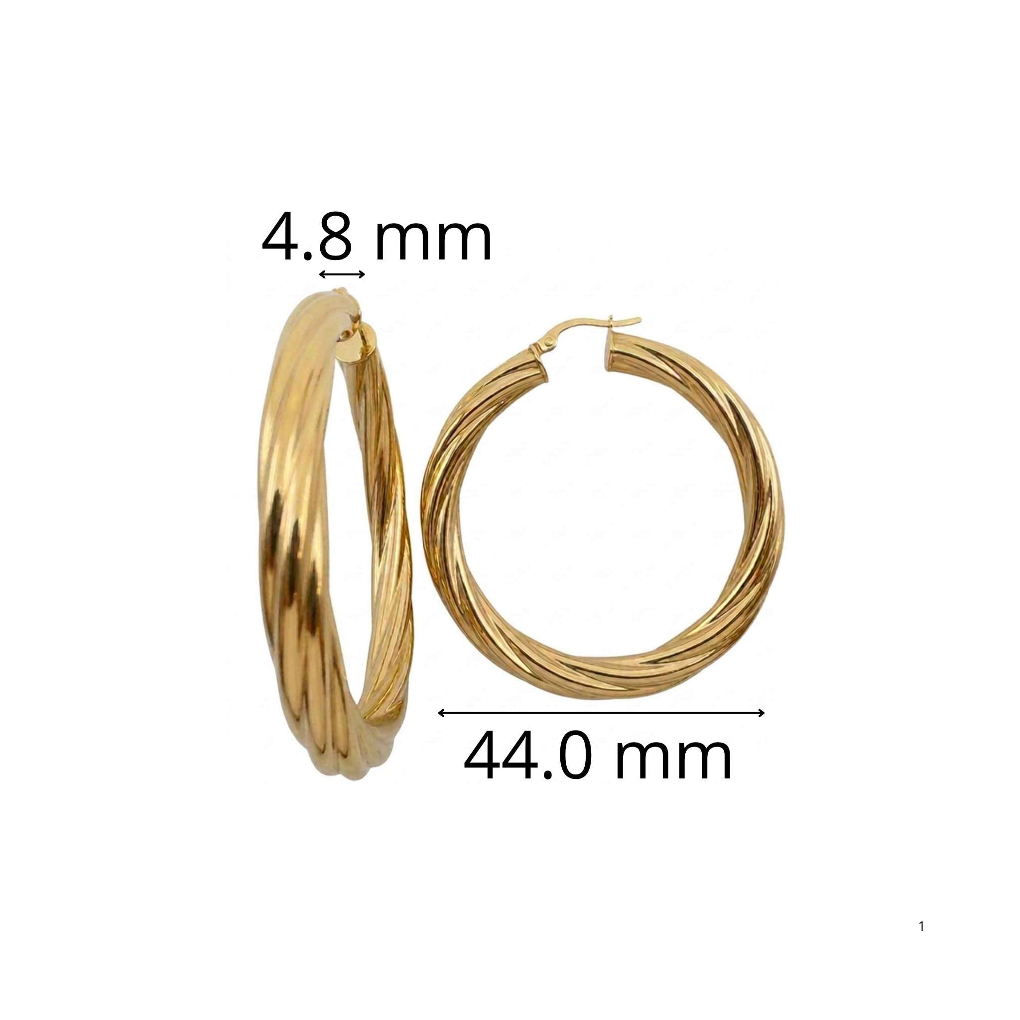 Argollas torcidas lisas en oro 10K de 4.8 mm de grosor y 44 mm de diámetro sobre fondo claro.