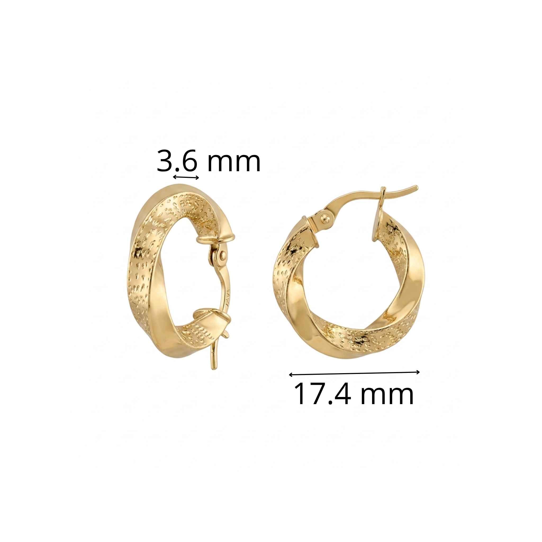 Argollas torcidas de Oro 10K grosor 4 mm, tamaño 17.4 mm, con cierre de palito y acabado diamantado.