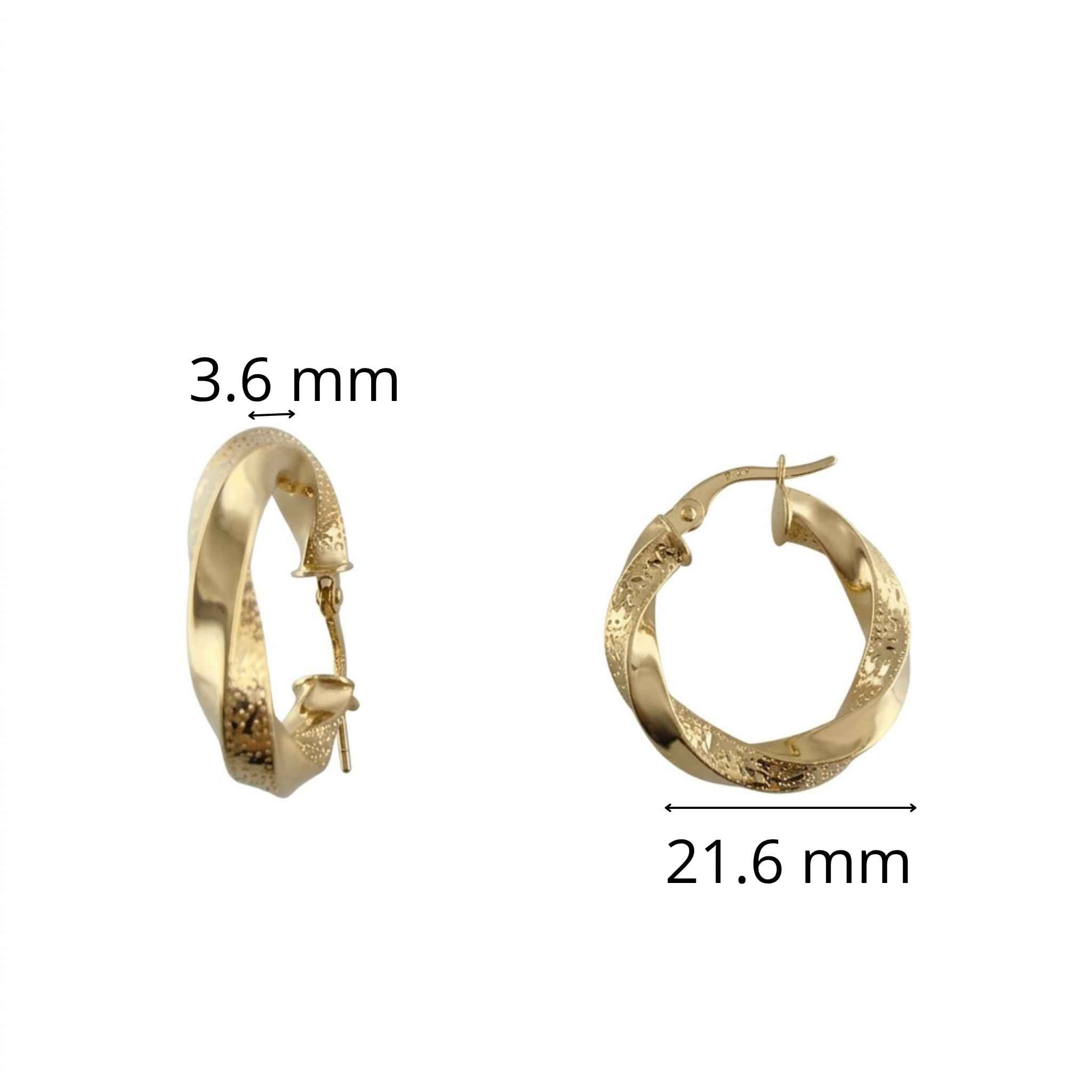 Argollas torcidas de Oro 10K grosor 4 mm, tamaño 21.6 mm, con acabado combinado liso brillante y diamantado.
