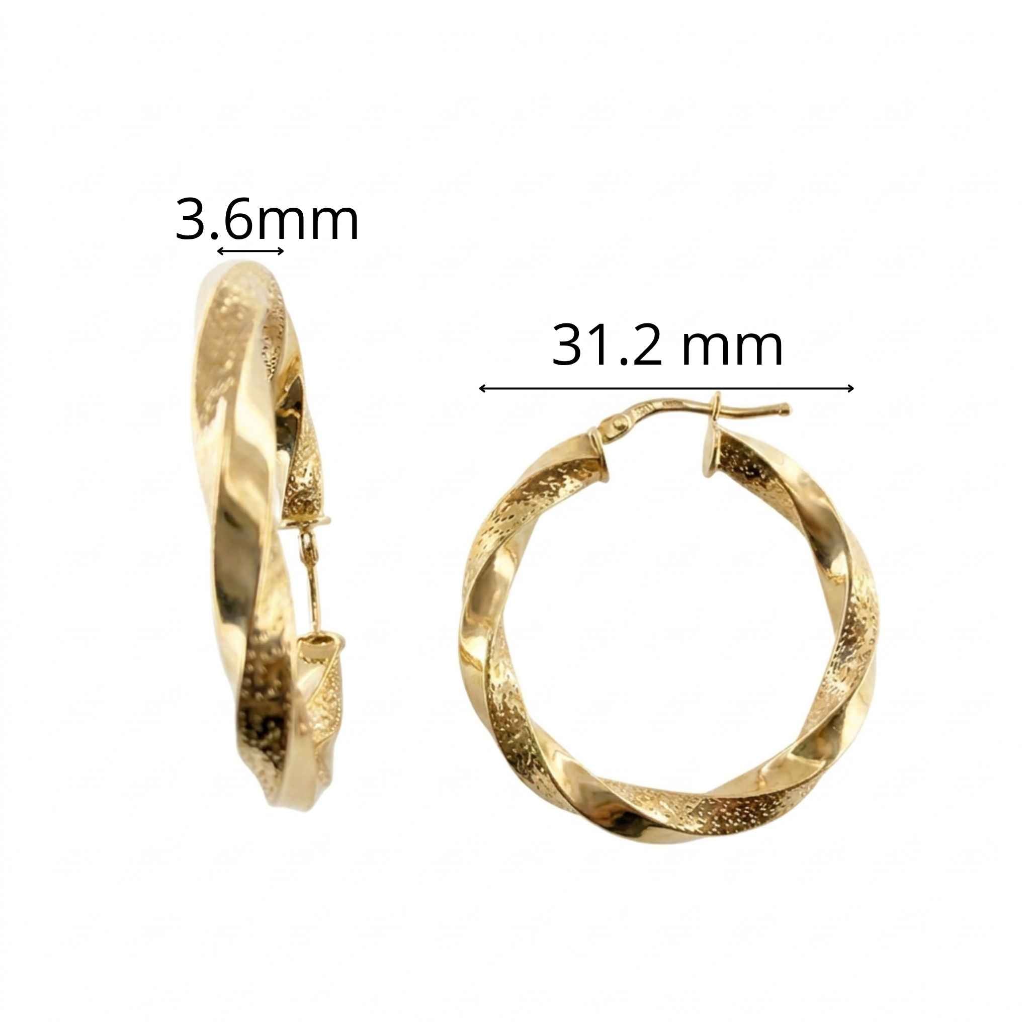 Argollas torcidas de Oro 10K grosor 4 mm, tamaño 31.2 mm, con diseño torcido y combinación de oro liso y diamantado.