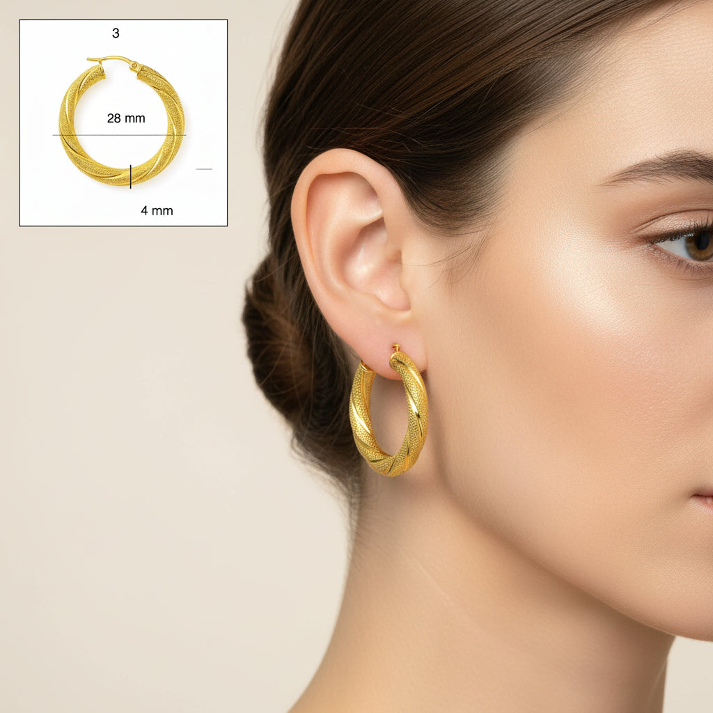 Argollas torcidas satinadas de oro 14K, grosor 4 mm, varios tamaños - Joyería TuOro