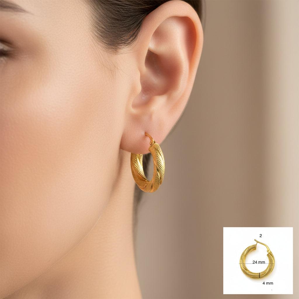 Argollas torcidas satinadas de oro 14K, grosor 4 mm, varios tamaños - Joyería TuOro