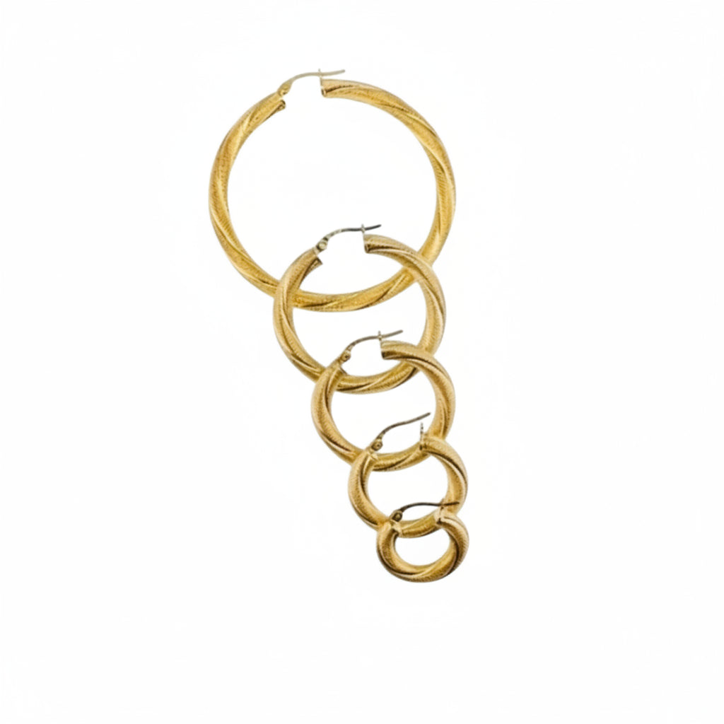 Argollas torcidas satinadas de oro 14K, grosor 4 mm, varios tamaños - Joyería TuOro