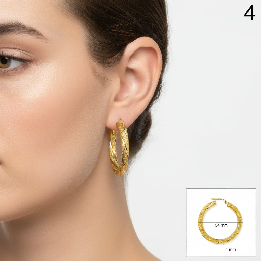 Argollas torcidas satinadas de oro 14K, grosor 4 mm, varios tamaños - Joyería TuOro