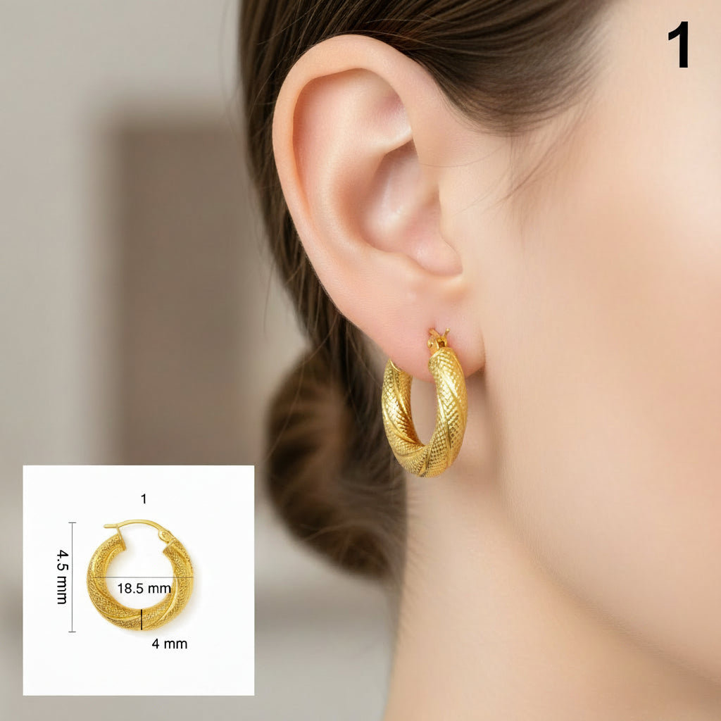 Argollas torcidas satinadas de oro 14K, grosor 4 mm, varios tamaños - Joyería TuOro