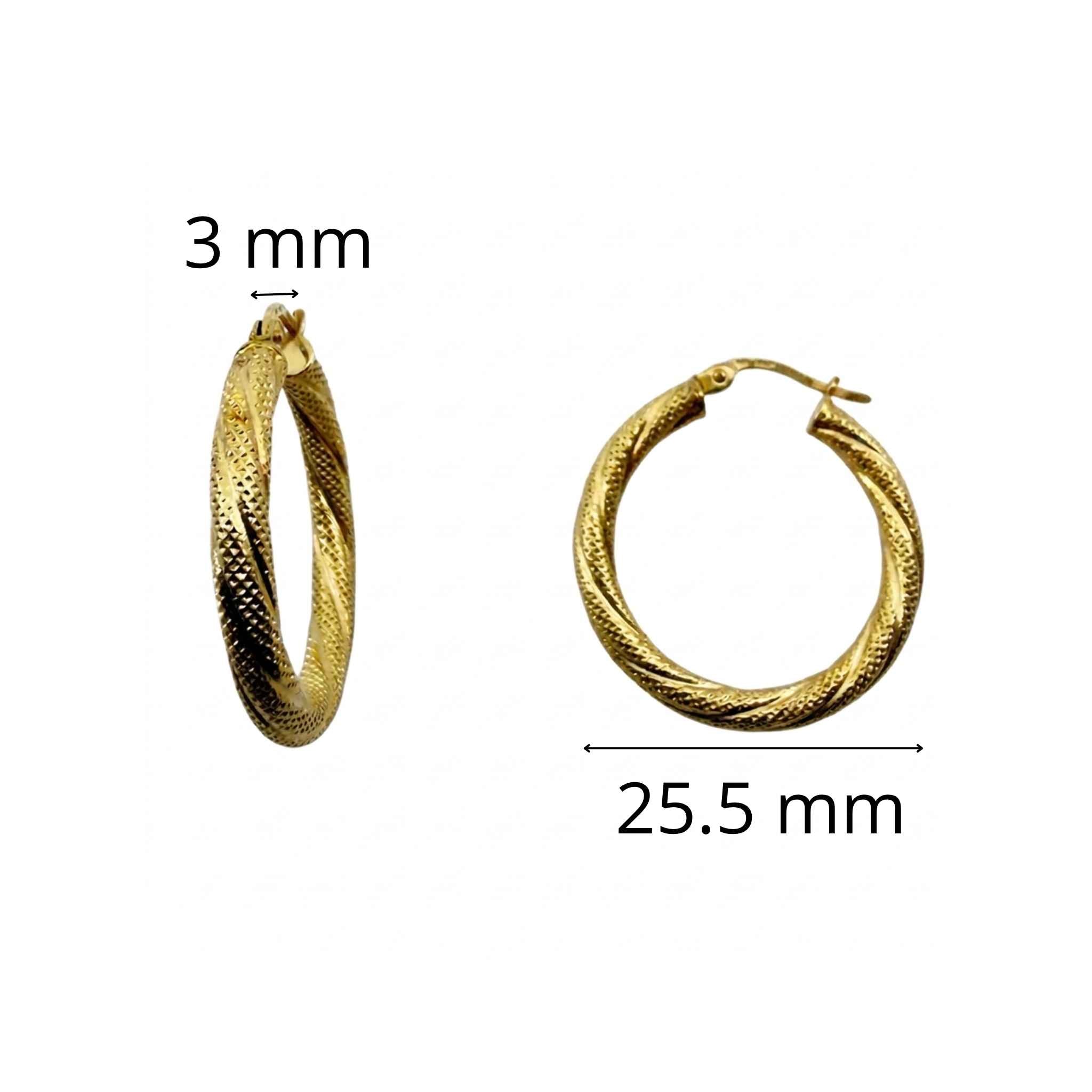 Argollas Torcidas Satinadas en Oro 10K 3 mm de 25.5 mm de diámetro con textura diamantada y diseño torcido.
