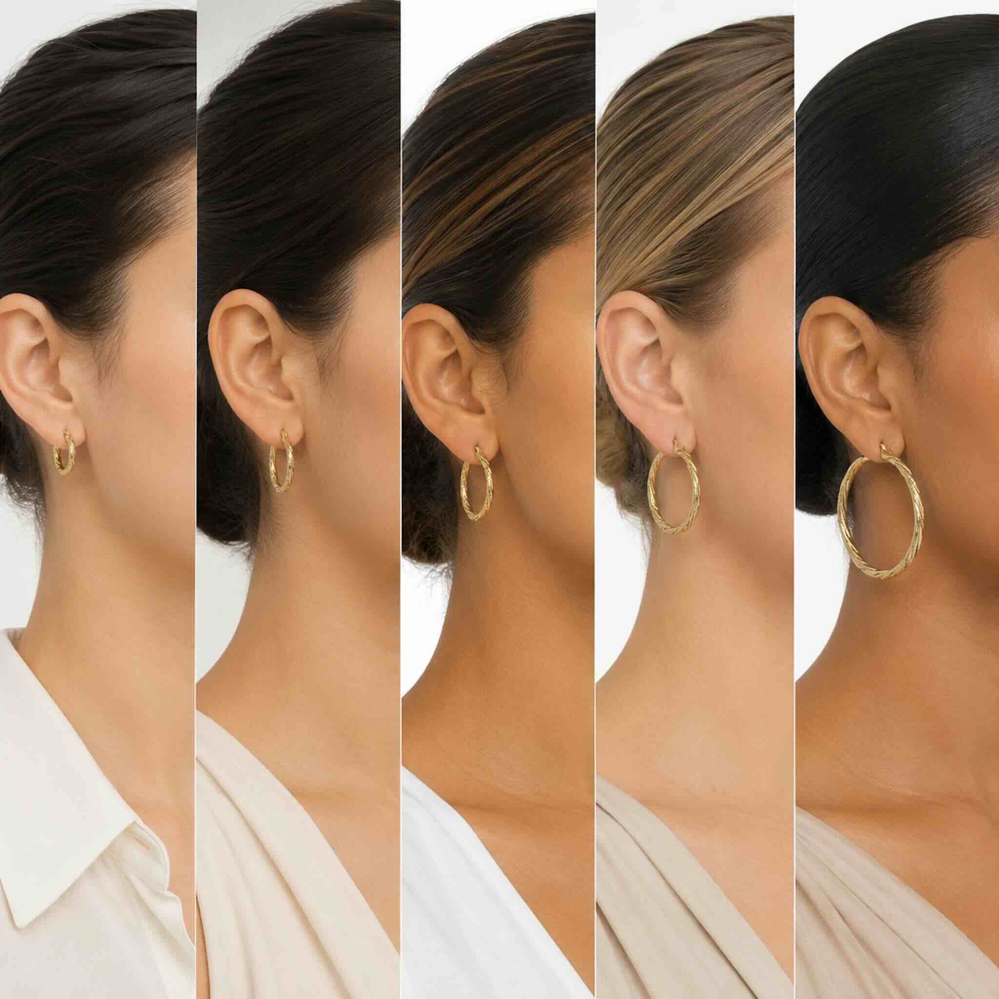 Comparativa de Argollas Torcidas Satinadas en Oro 10K 3 mm puestas en diferentes mujeres para mostrar variedad de tamaños.