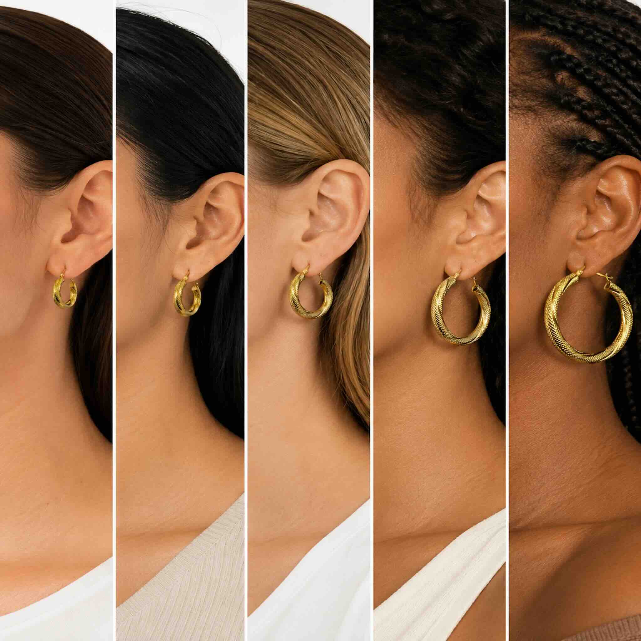 Comparativa de Argollas Torcidas Satinadas en Oro 10K 4 mm puestas en diferentes mujeres para mostrar la variedad de tamaño