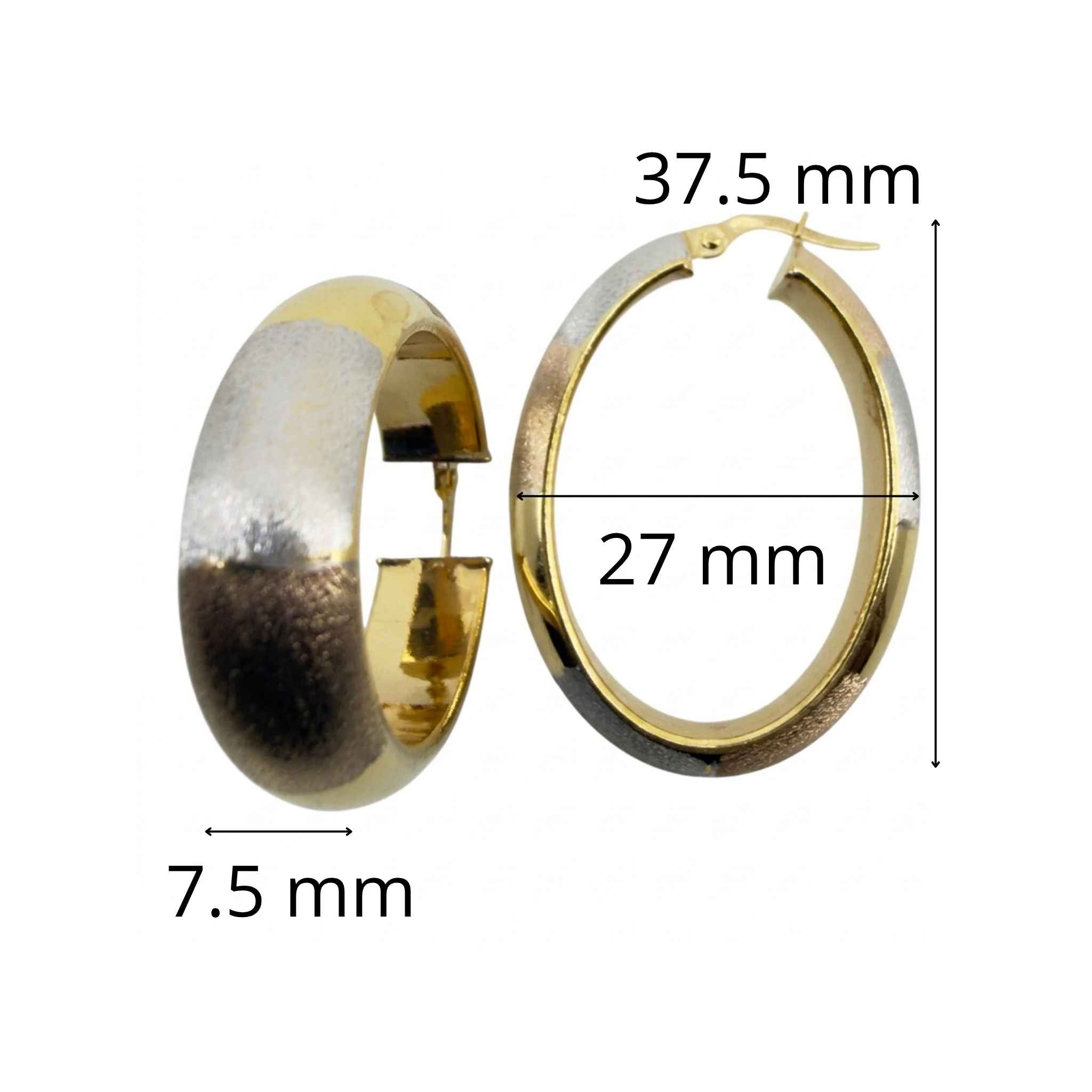 Argollas Tricolor en Oro 10K ovaladas con medida aproximada de 37.5 mm de largo y 27 mm de ancho.