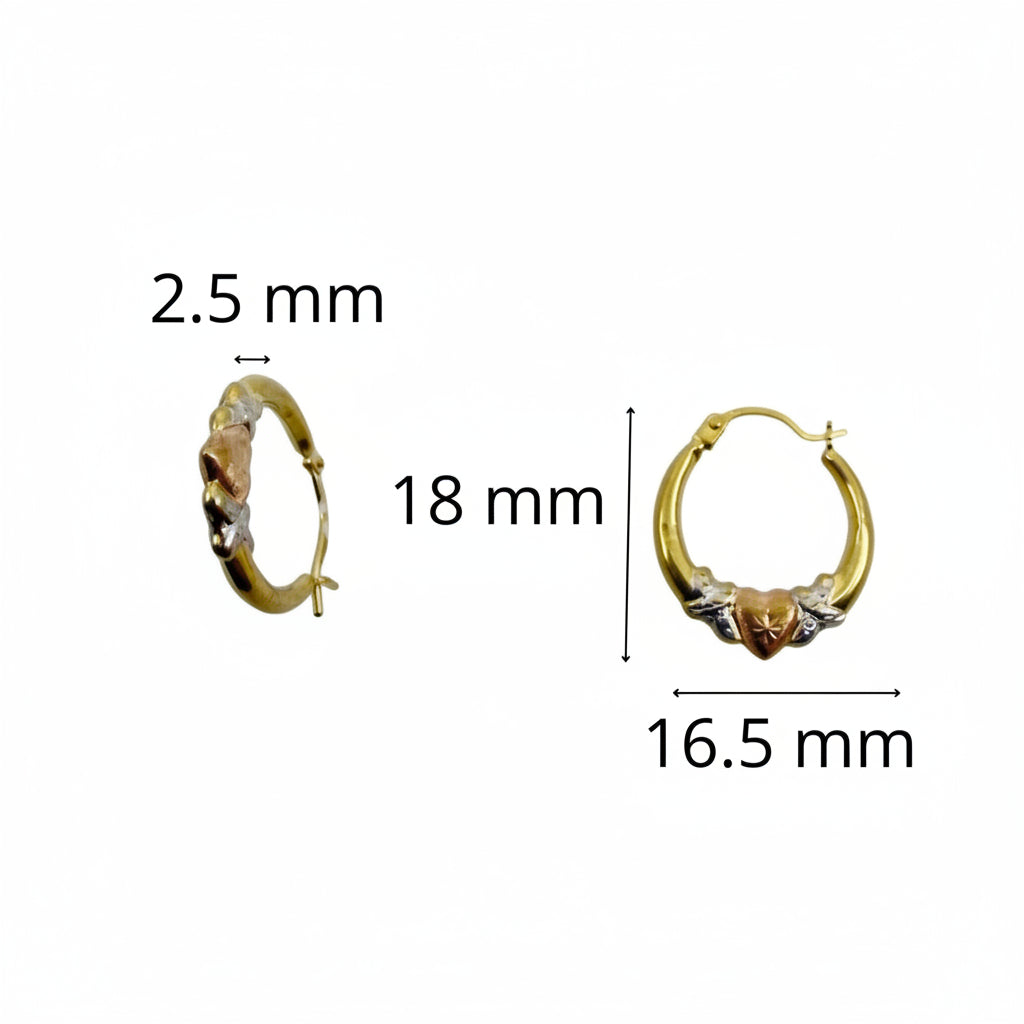 Argollas Tricolor en Oro 10K pequeñas con medida aproximada de 16.5 mm de ancho y 18 mm de alto.