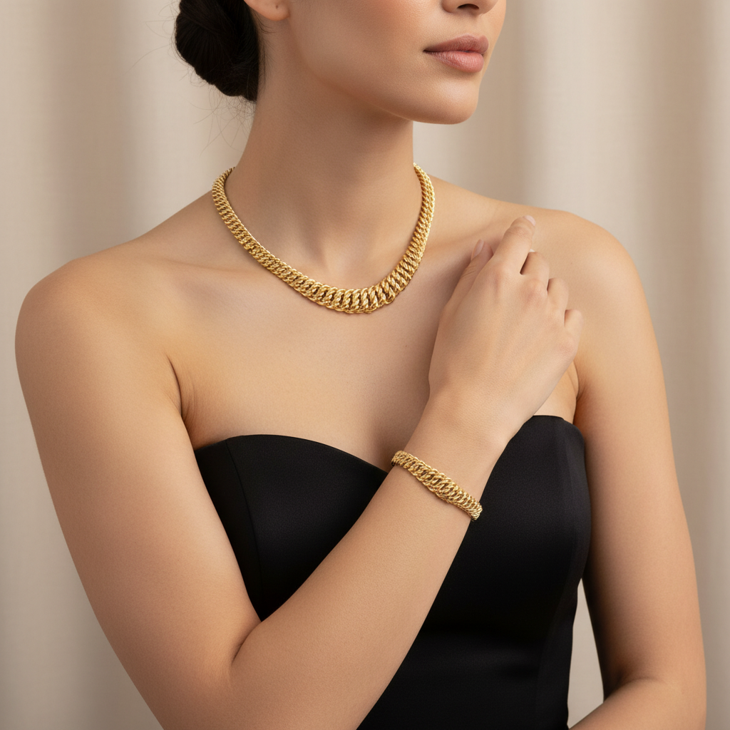 Conjunto de Gargantilla y Pulsera, Corte Princesa, Oro 14K