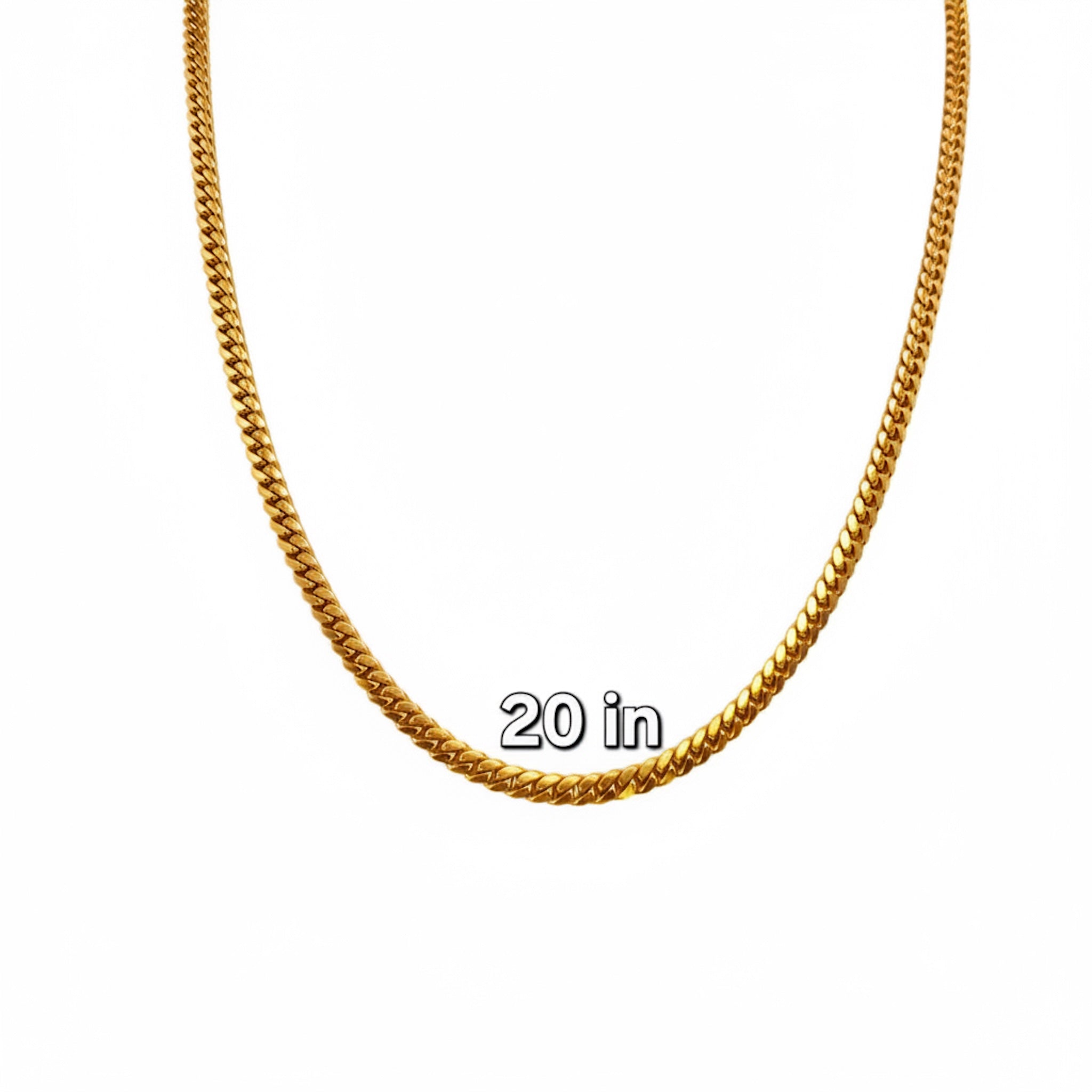 Cadena con cierre de caja en Oro 10K,Cuban Link y 4 mm de ancho, mostrando medidas 20 in. TuOro.