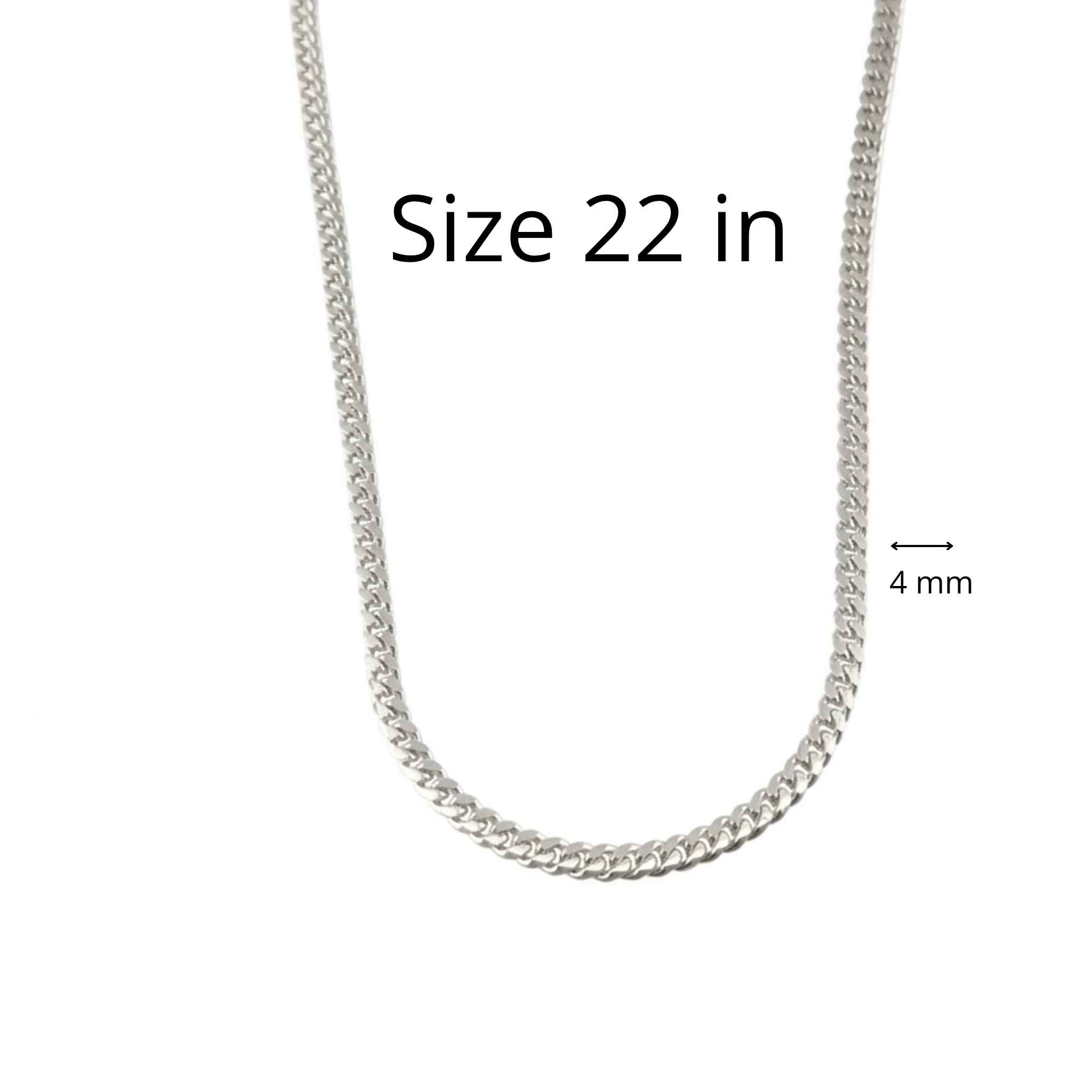 Cadena Cuban Link sólida de Plata 925 de 4 mm en largo de 22 pulgadas mostrando medidas y diseño de eslabones, TuOro.