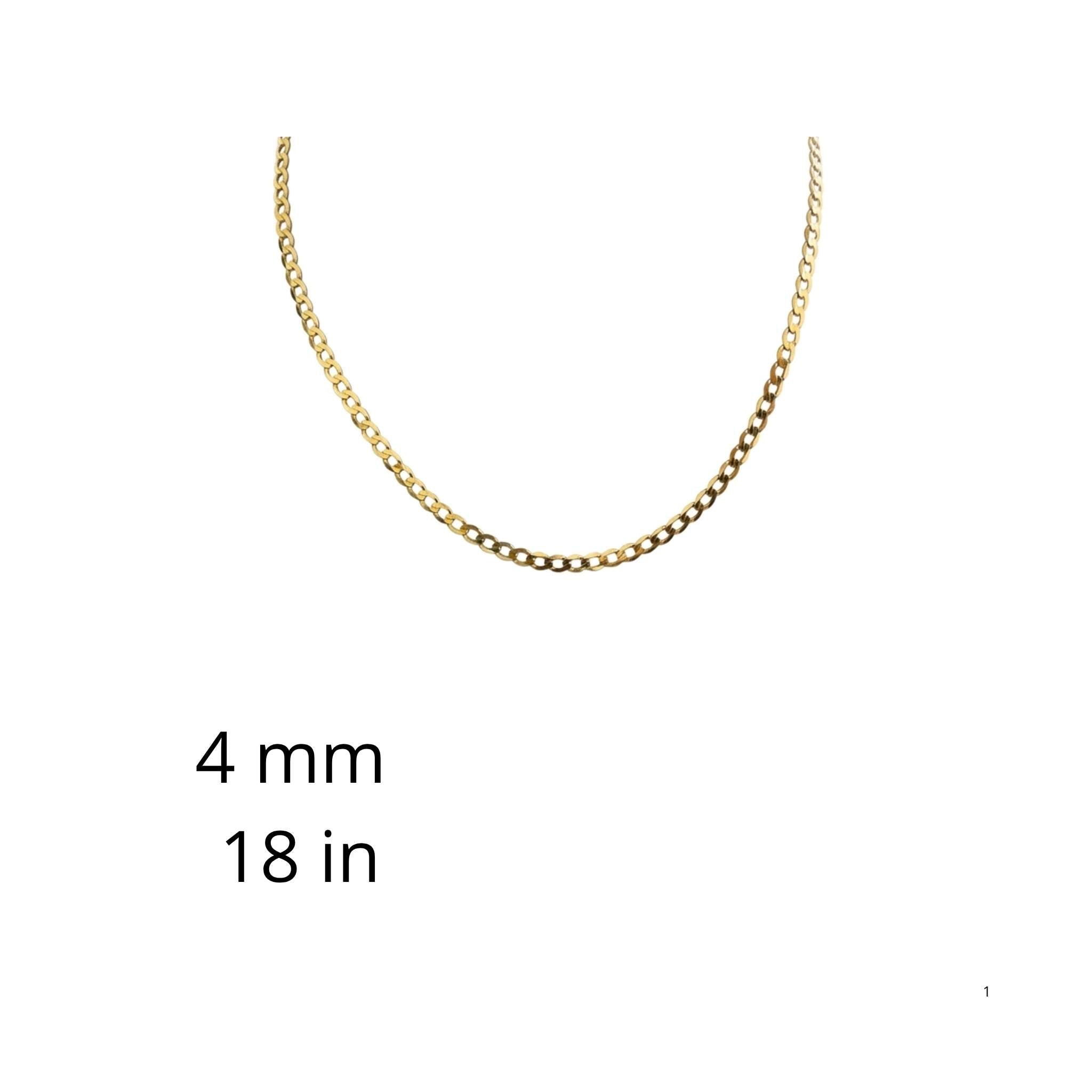 Cadena cubana de oro 10K de 4 mm y 18 pulgadas sobre fondo blanco.