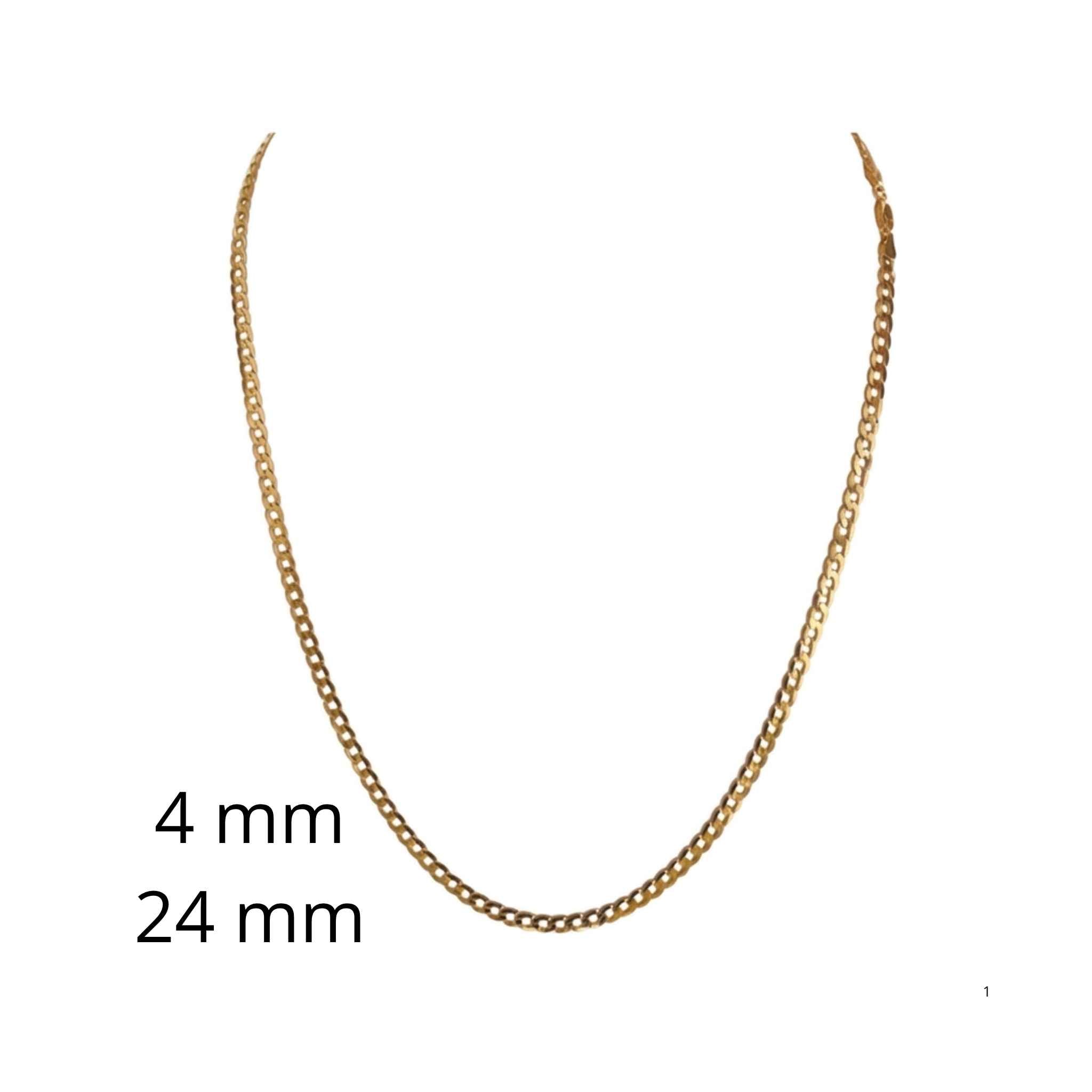 Cadena cubana de oro 10K de 4 mm y 24 pulgadas sobre fondo blanco.