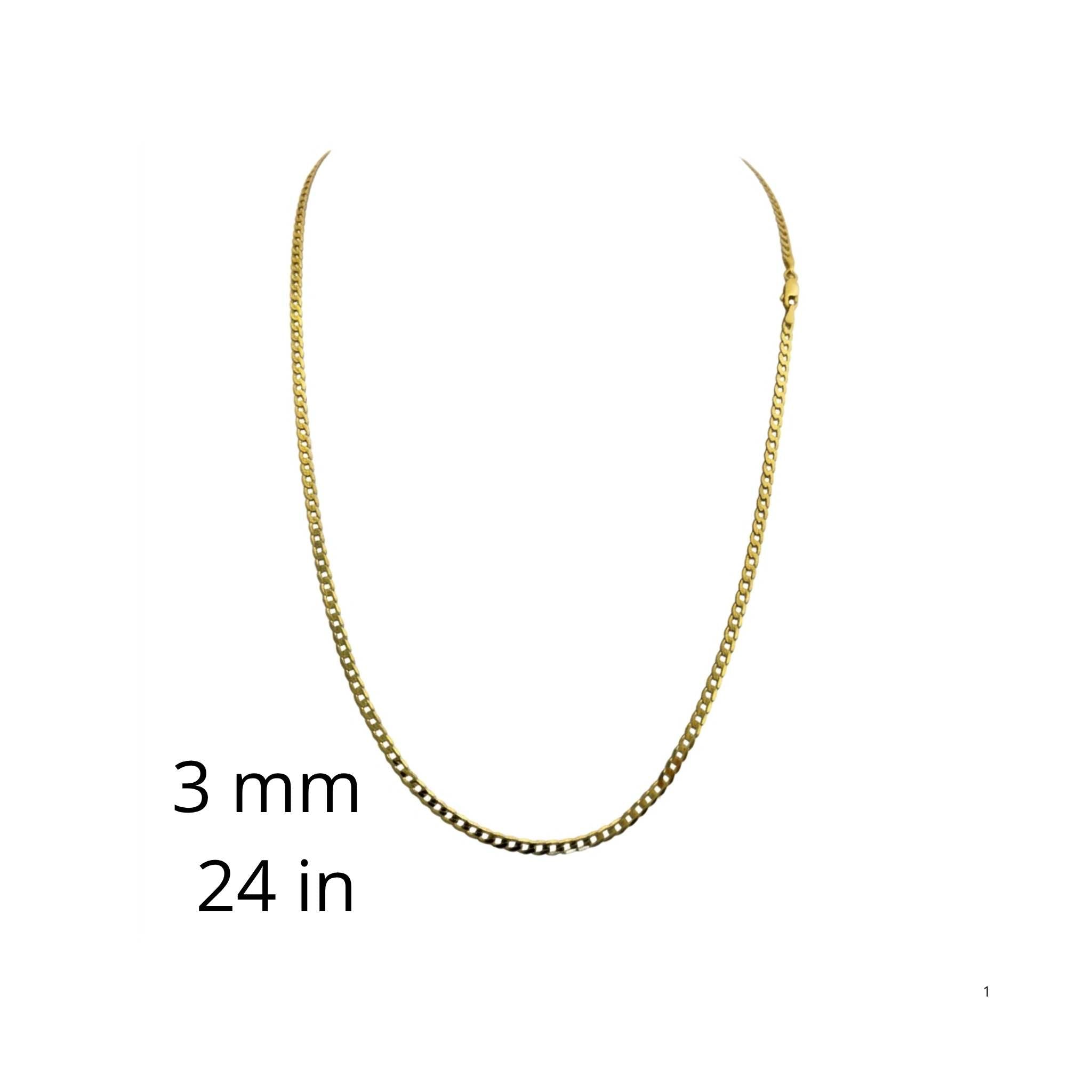 Cadena cubano-italiana de Oro 10K de 3 mm y 24 pulgadas sobre fondo blanco